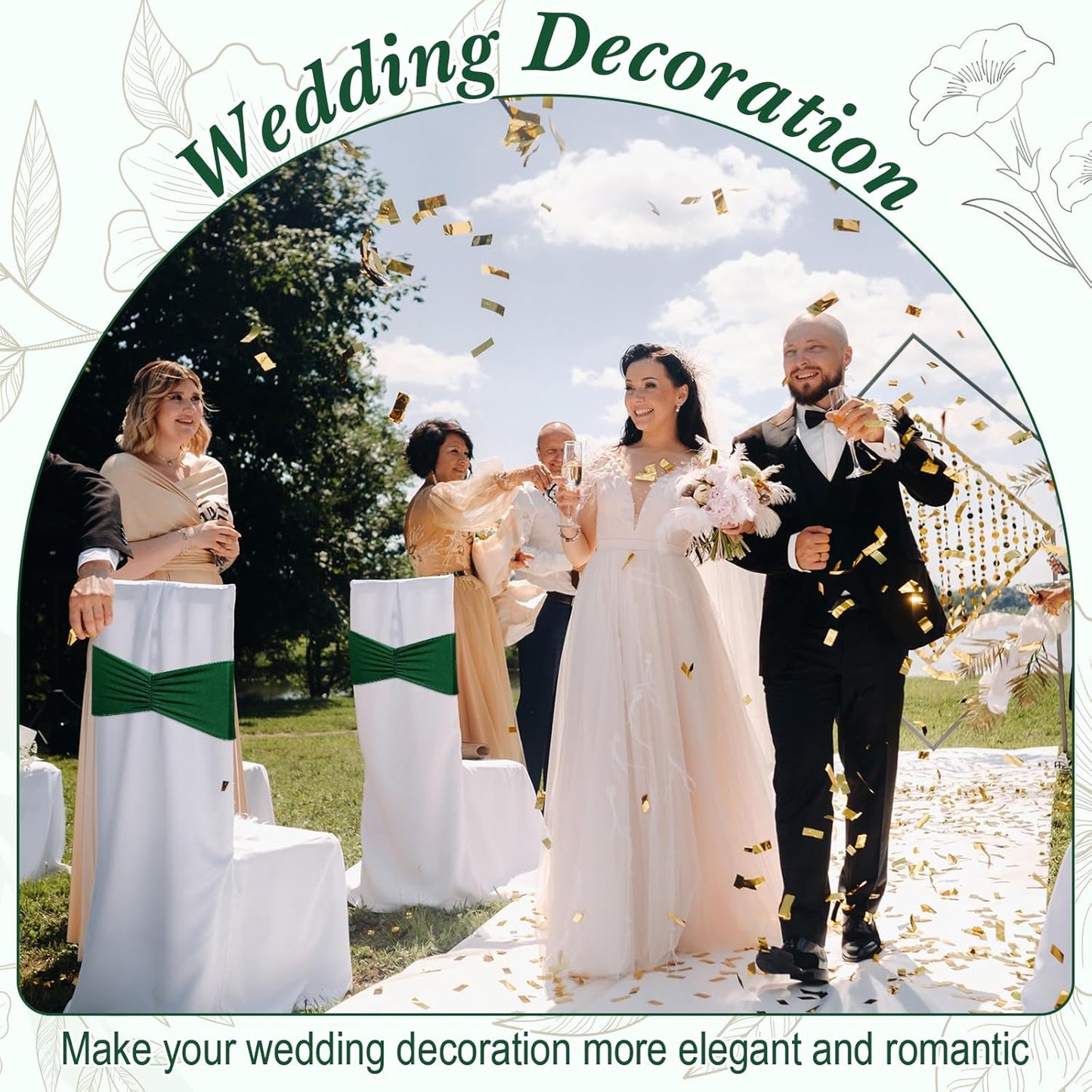 Moukeren 100 Pcs Spandex Chair Sashes Bows Bands Slider Sashes for Chair Covers Elastic Bands Ties Ribbon Decorations for Wedding Party Events Ceremony Birthday Banquet (Dark Green)