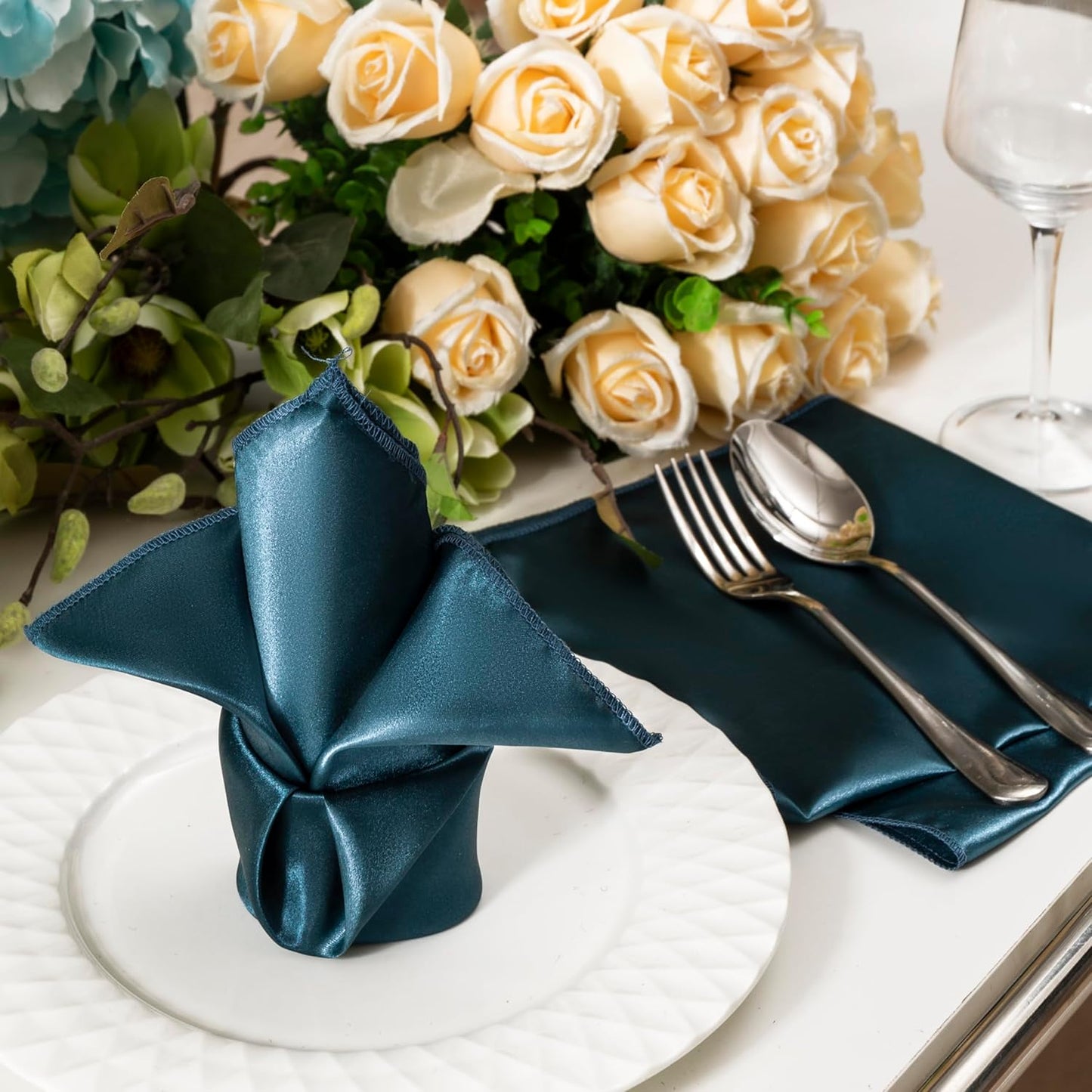 36 Pack Square Satin Dinner Napkins, 16x16 Inches Silky Soft Smooth Table Cloth Napkins for Restaurant Weddings Banquet Party Decoration, Deep Sea Blue