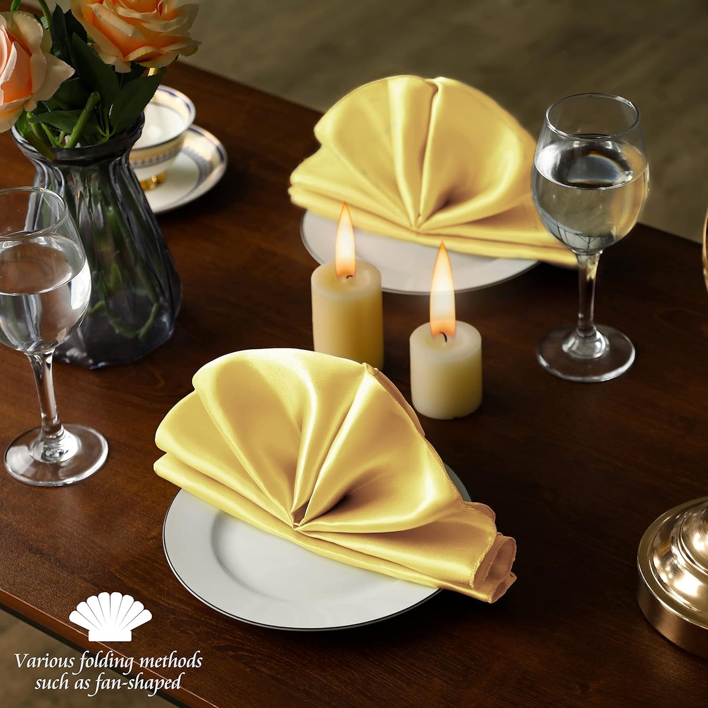 Manyshofu 60 Pieces Yellow Gold Satin Napkins - 20x20 Inches Cloth Napkins, Square Satin Fabric Napkin Set - Soft & Reusable Table Napkins for Wedding Dinner Party Lunch Banquet Restaurant Decoration