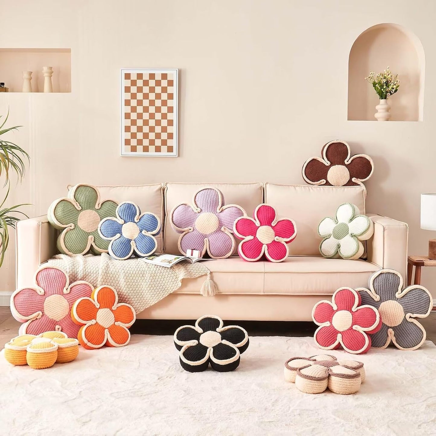 Flower Pillow - Soft Shaped Floor Cushion, Decorative Throw Pillow, Cute Seating Cushion, Room Decor Plush Pillows for Sofa Couch Bed (17.7 Inch, White)