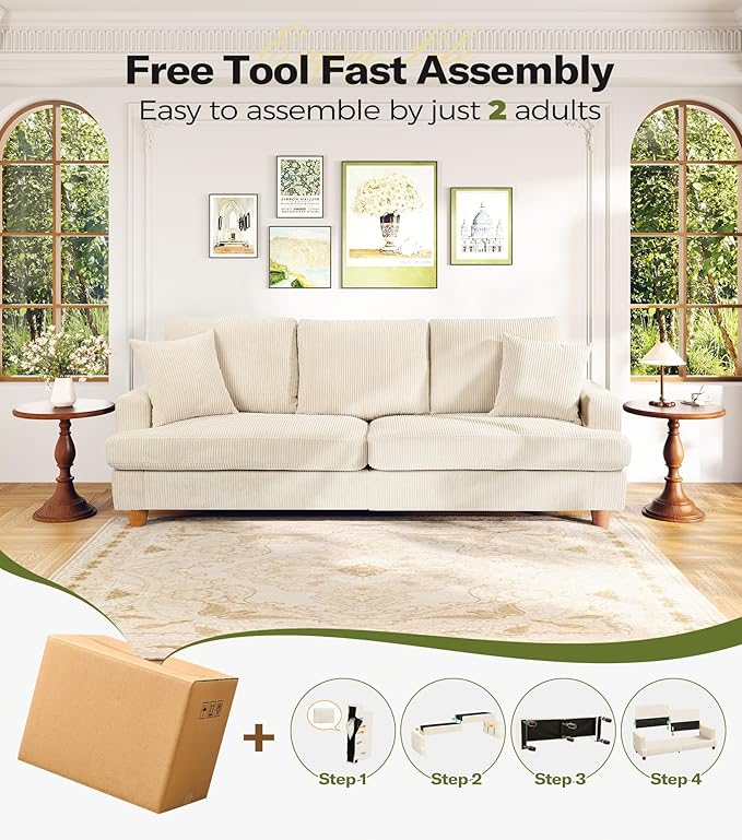 87in Corduroy Couch, Kidirect Sofa No Tool Assembly, Comfy Couches - Image 9