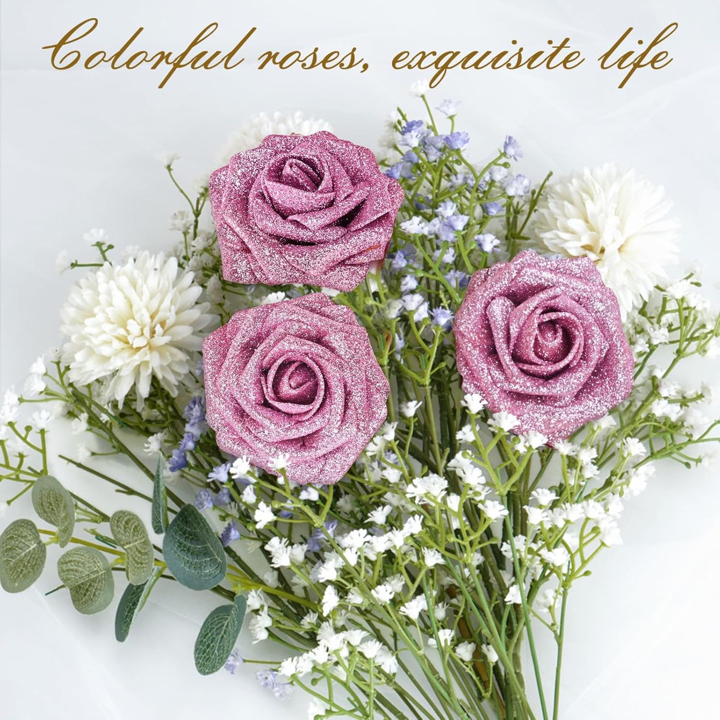 BLEUM CADE 16Pcs Artificial Flowers Fake Roses with Stems, Pink Glitter Boxed Foam Roses for DIY Bouquets Centerpieces Wedding Party Arrangement Bridal Shower Decor