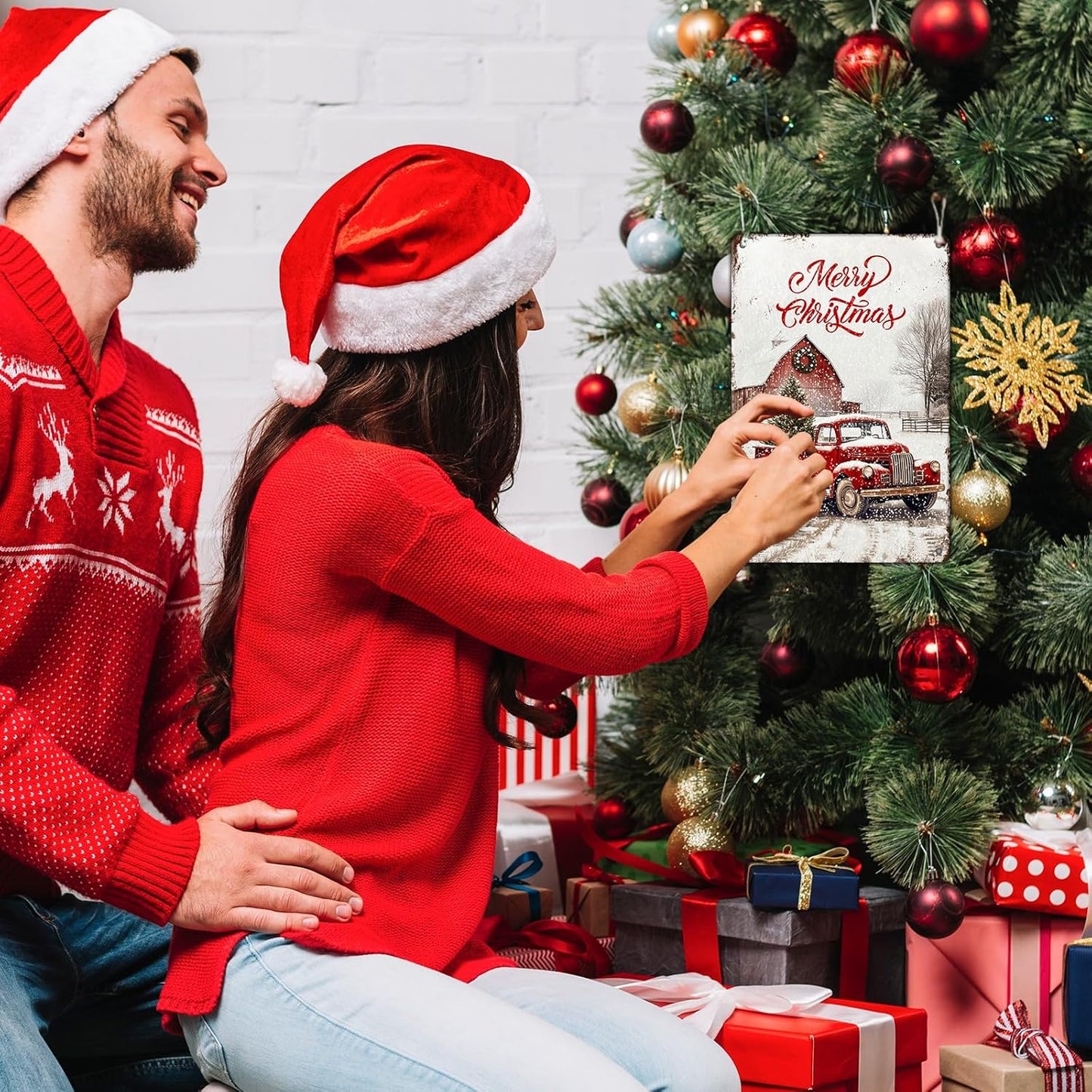 Vintage Christmas Red Truck Tin Sign Merry Christmas Truck Christmas Tree Metal Tin Sign Winter Rustic House Yard Xmas Pickup Holiday Wall Decorations Tin Sign 12x16Inch