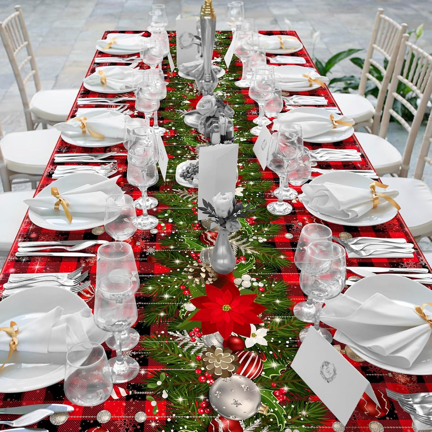 3Pcs Christmas Buffalo Plaid Snowflake Tablecloths,Plastic Red and Black Checkered Rectangle Christmas Tree Color Ball Table Cover for Winter Christmas New Year Holiday Party Decorations,54x108 inch