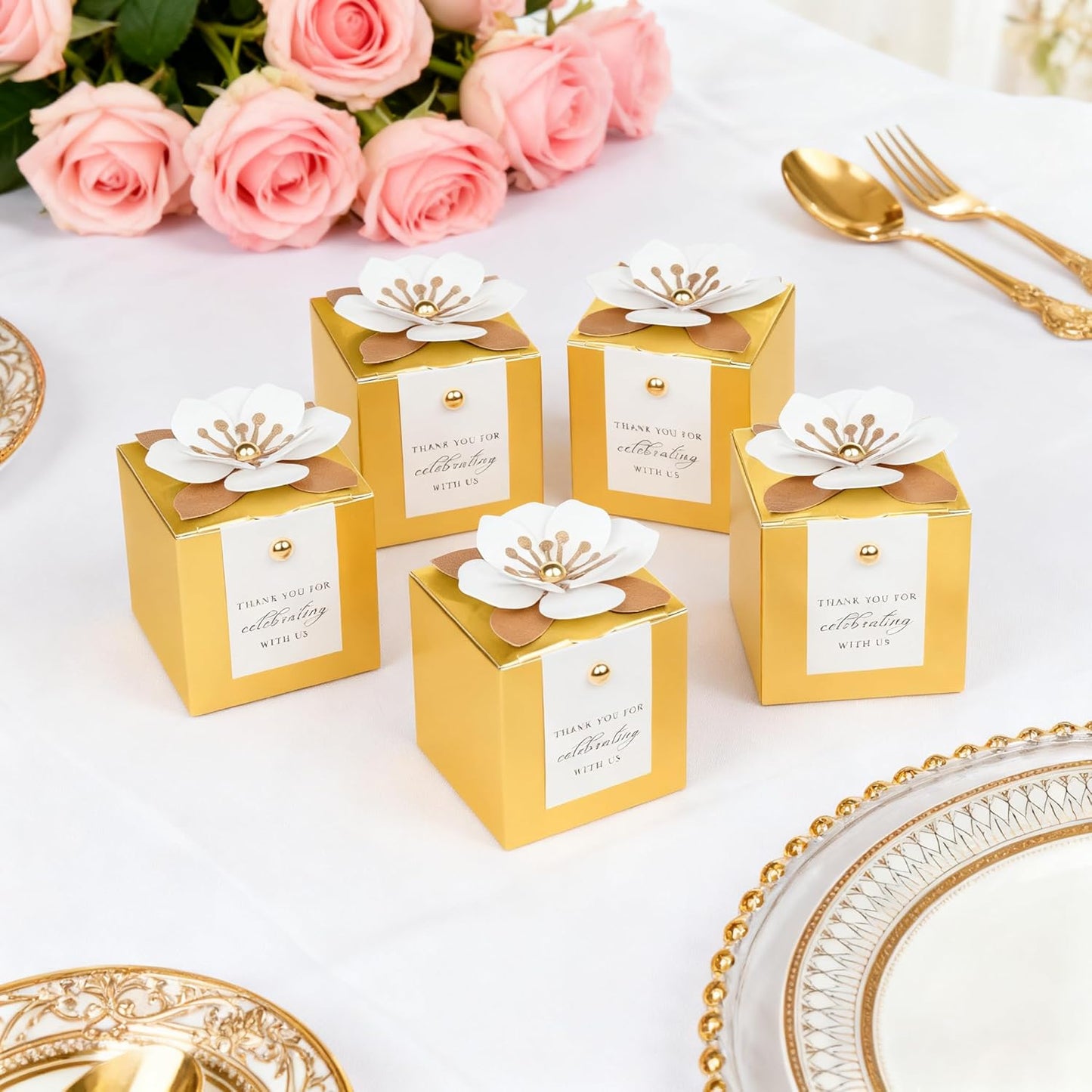FEIYI 20 PCS Candy Boxes, 3 In 1 Gold Favor Boxes with Floral Decor, White Thank You Tags Gift wrapping for Wedding Birthday Baby Shower Decorations Party -2.55x2.55x2.55''