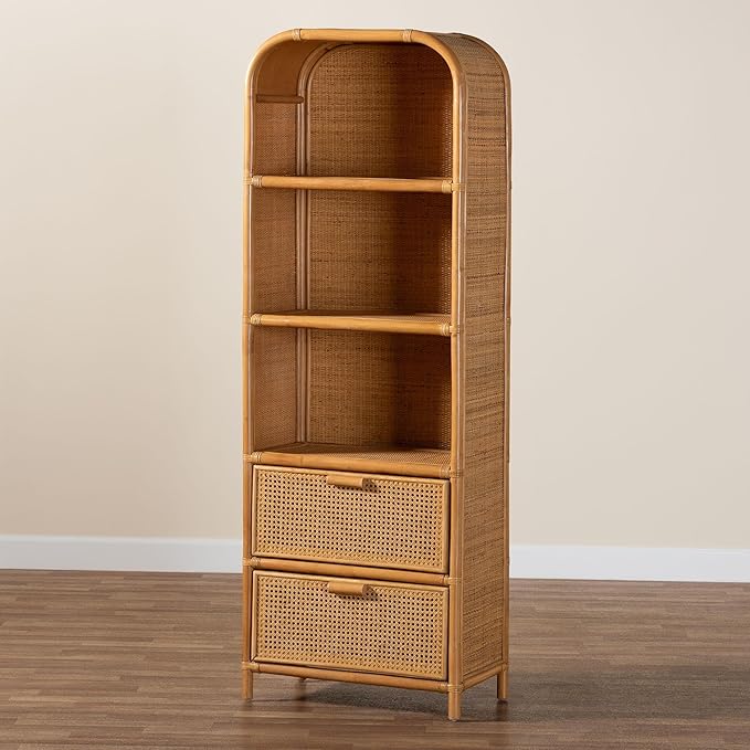 Bali & pari Curacao Modern Bohemian Light Honey Rattan 2-Drawer Bookcase - Image 10