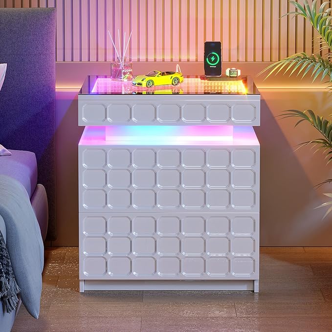 Night Stand with Charging Station and Smart RGB Lights, LED Nightstand with - Image 9