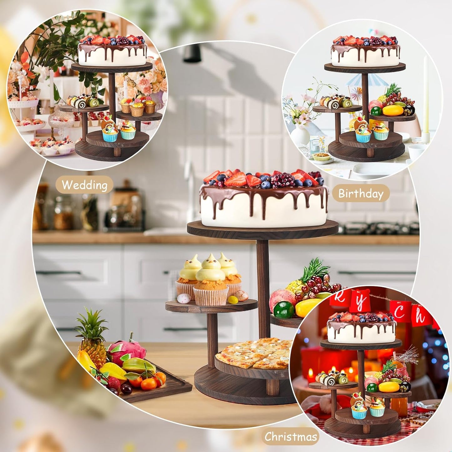 LARDUX Wooden Dessert Table Display Set - 4 Tier Cupcake Stand, 3 Tier Dessert Stand, 2Pcs Round Serving Trays,1Pcs Rectangular Trays for Party, Wedding, Baby Shower