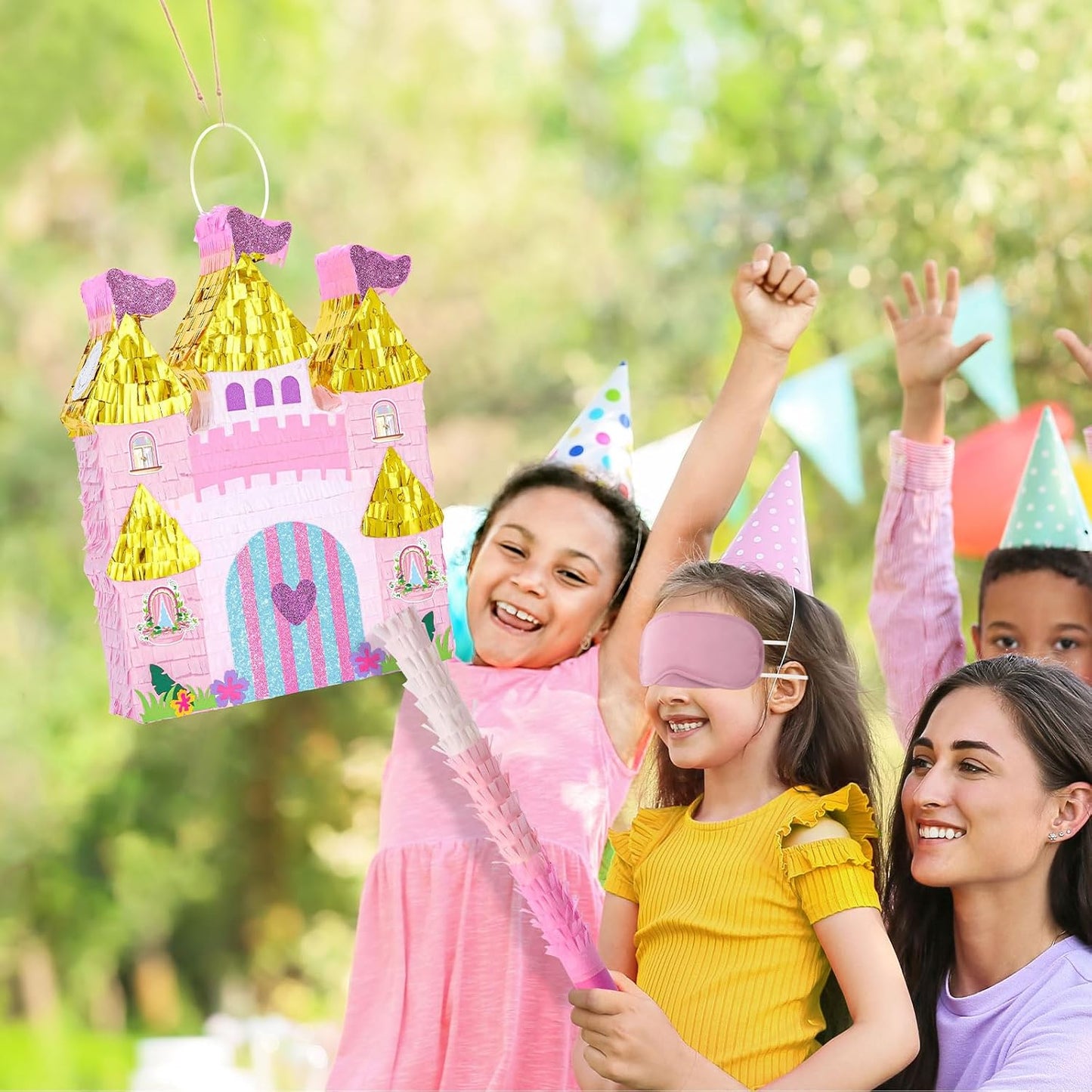WERNNSAI Princess Castle Piñata - Princess Birthday Party Decorations Pink Princess Piñata with Blindfold and Bat for Birthday Girls Family Game Princess Theme Birthday Party Supplies 16.4” x 12.4”