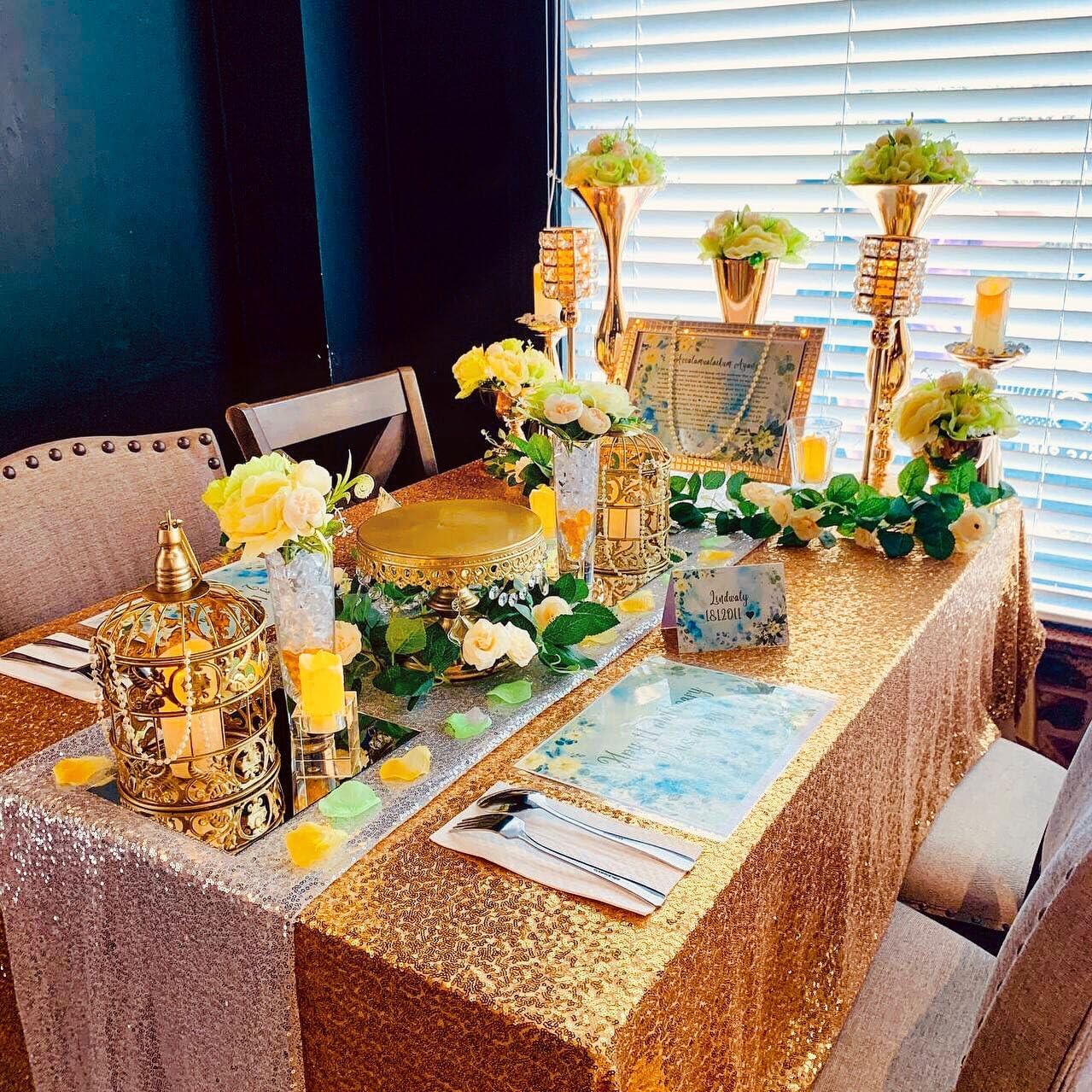 QueenDream Gold Table Cloth Party Decorations: Sequin Fabric 90x90 Inch Sparkle Tablecloths - Gold Drapes Wedding Overlay