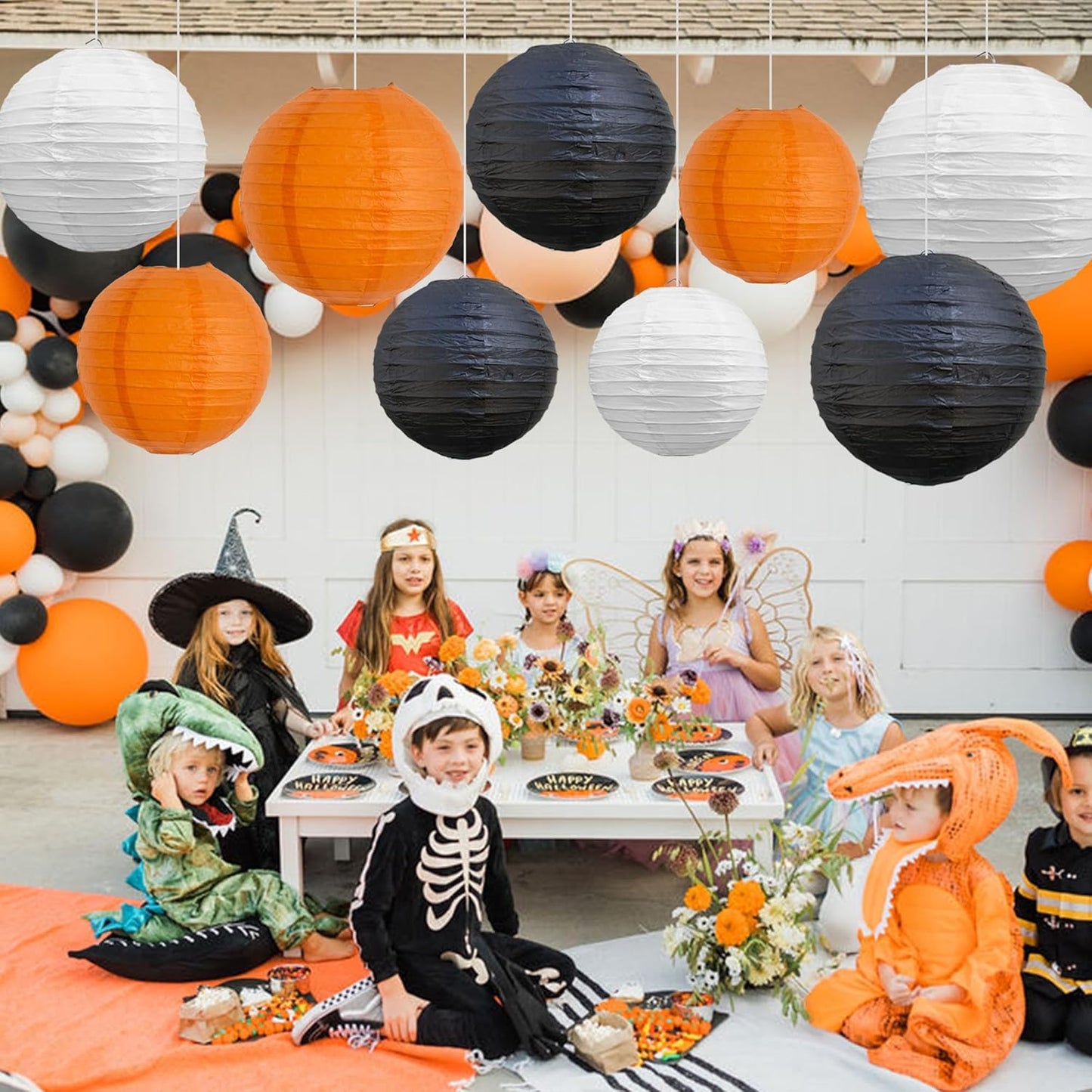 BEISHIDA 12Pcs Orange Black White Paper Lanterns Decorative Chinese/Japanese Hanging Round Paper Lanterns Lamp for Halloween,Birthday, Wedding, Christmas, Bridal,Home Decor, Party Decoration