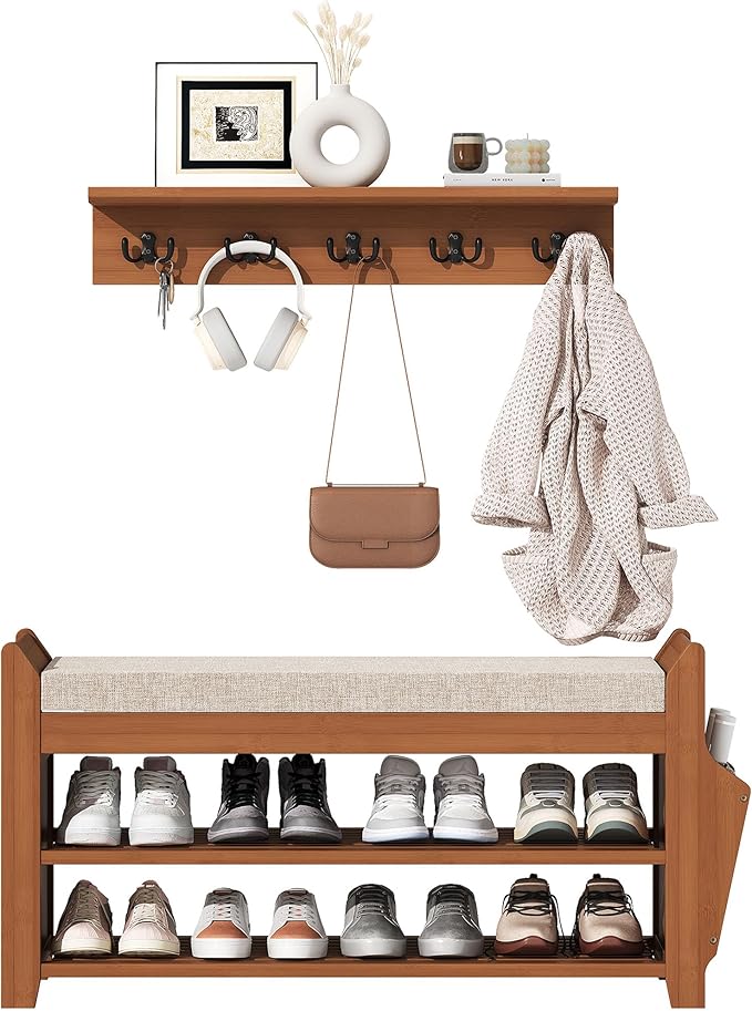 PETKABOO 31.5" Shoe Bench with Coat Rack Hidden Drawer and Side Holder - Image 8