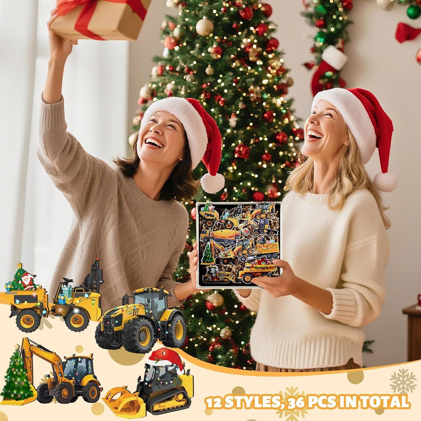 Suzile 36 Pcs Christmas Wooden Ornaments Christmas Construction Truck Ornaments Decoration Vintage Excavator Tree Decoration Construction Truck Hanging Crafts for Farmhouse Home Xmas Party Decor