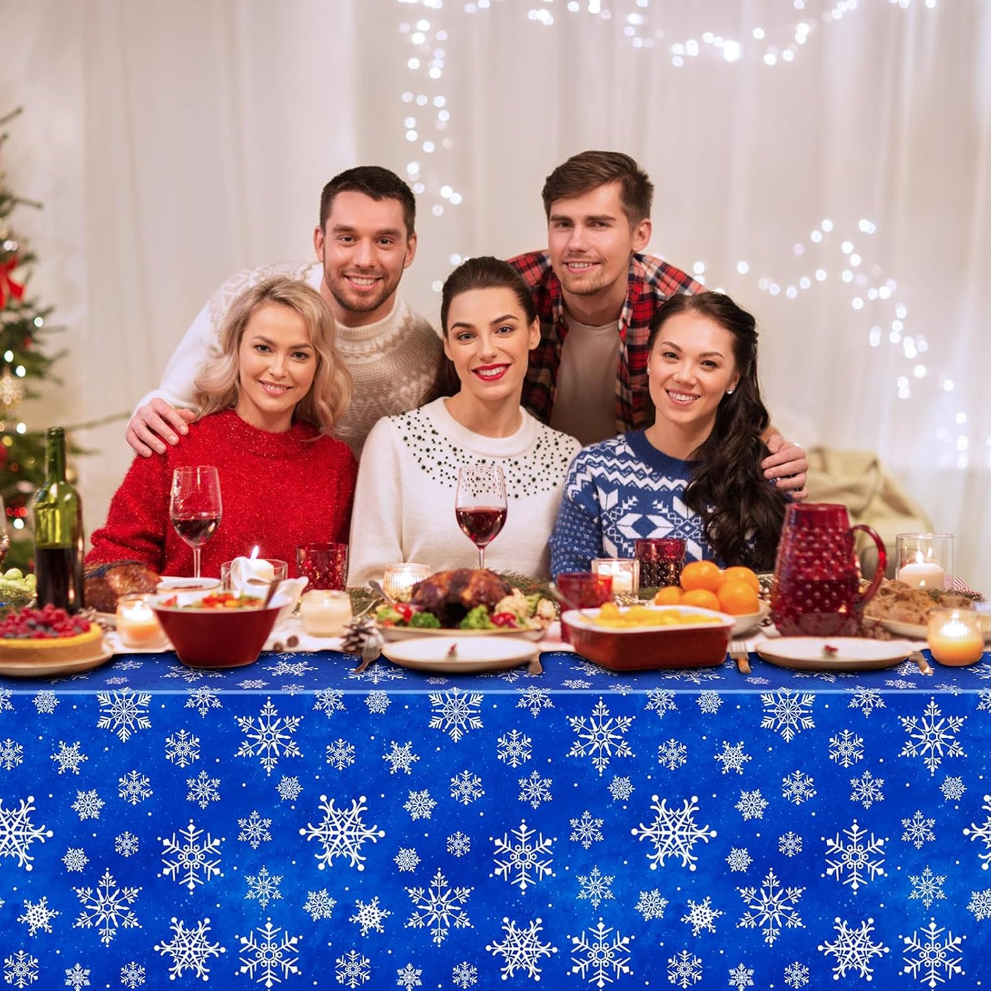 Jectivs 12 Pieces Christmas Snowflake Plastic Party Tablecloth Decorations,White Snowflake Blue Xmas Backdrop Sign Table Cover Banner for Winter Christmas Holiday Party Supplies,54x108 inch (Blue)