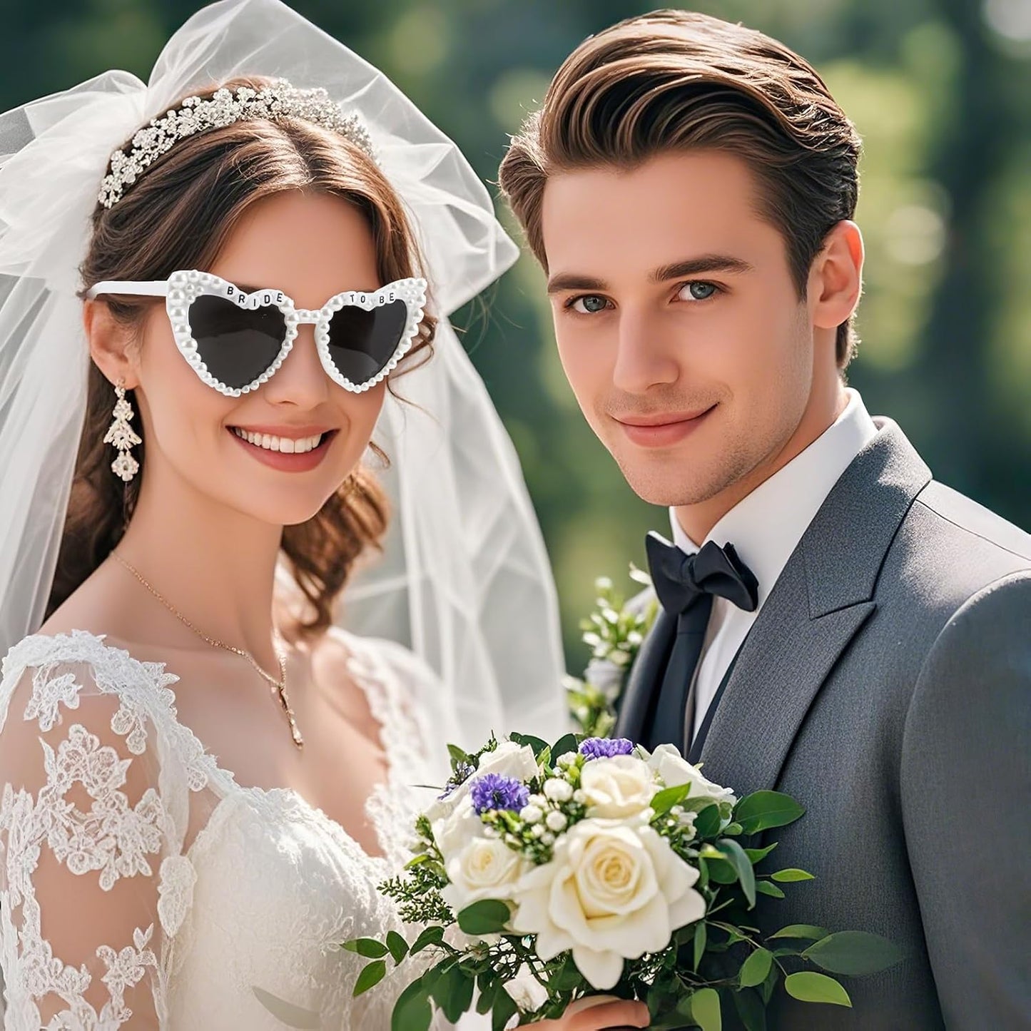 2 Pcs White Bride To Be Sash And Sunglasses Set,Pearls White Heart Bride Sunglasses And Sash Wedding Accessories,Brides Sunglasse For Bachelorette Party Gift,For Wedding,Bachelorette Party Accessories