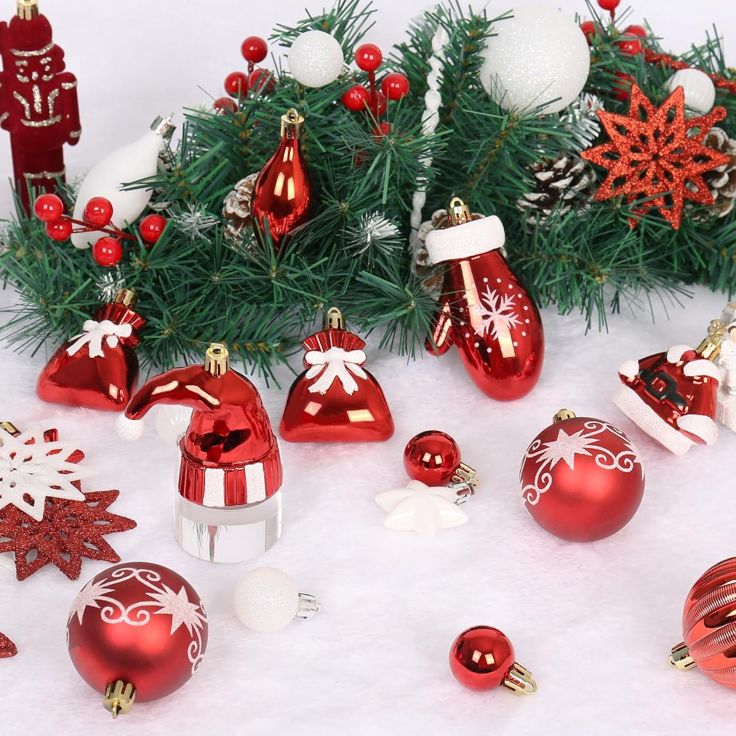 Red White Christmas Ornaments Set, 45PCS Plastic Shatterproof Christmas Tree Hanging Decorations, for Indoor Holiday Party Thankgivings Xmas Decor.