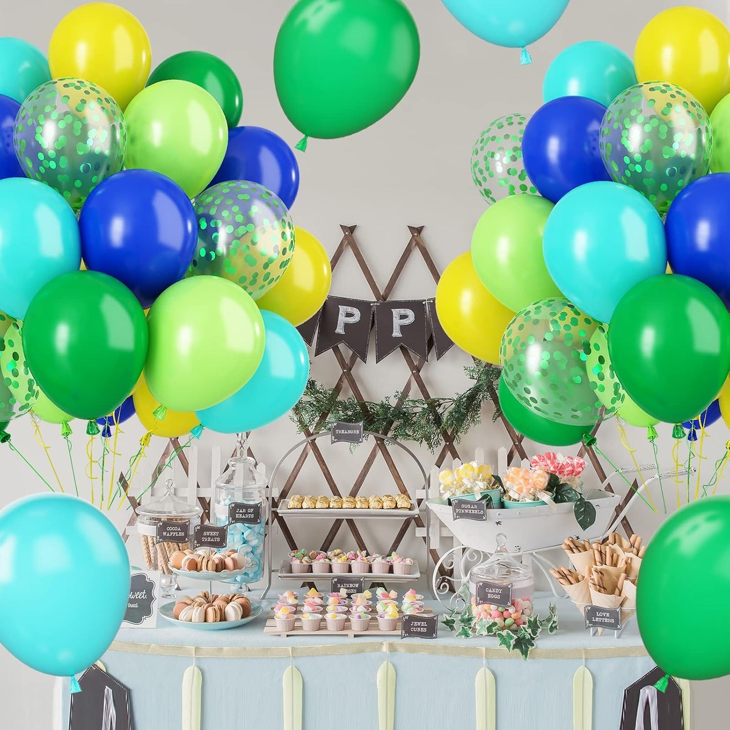 Paready Green and Blue Balloons, 60 Pcs 12 Inch Navy Teal Blue Dark Green Latex Balloons, Teal Yellow Light Green Confetti Balloon for Jungle Dinosaur Birthday Party Baby Shower Decorations
