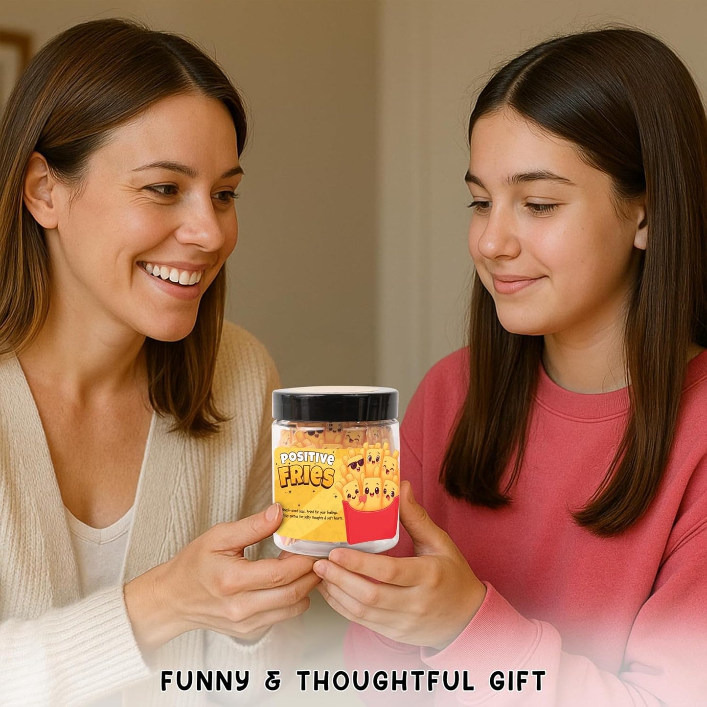 Positive Fries Jar – 60 Funny Affirmation Cards, Emotional Support Fries for Friends, Teens, Coworkers, Funny Foodie Gifts for Stress Relief and Positivity