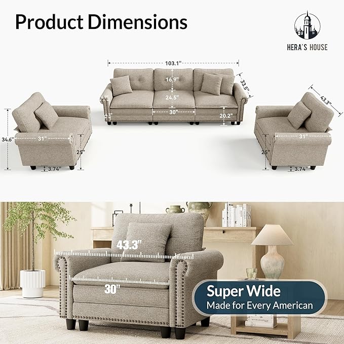 HERA'S HOUSE 3 Pieces Modular Sectional Sofa Sets, Oversized Couch Set - Image 9
