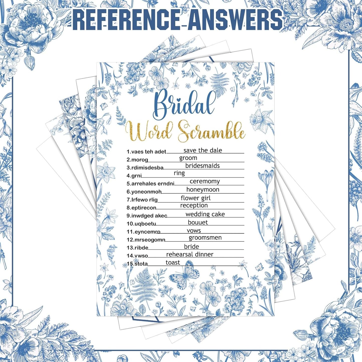 Estune 331 Pcs Bridal Shower Games Supplies, 5 Sets 250 Pcs Wedding Games Cards, 60 Pcs Rings, 20 Pcs Pencils (Blue Floral Style)