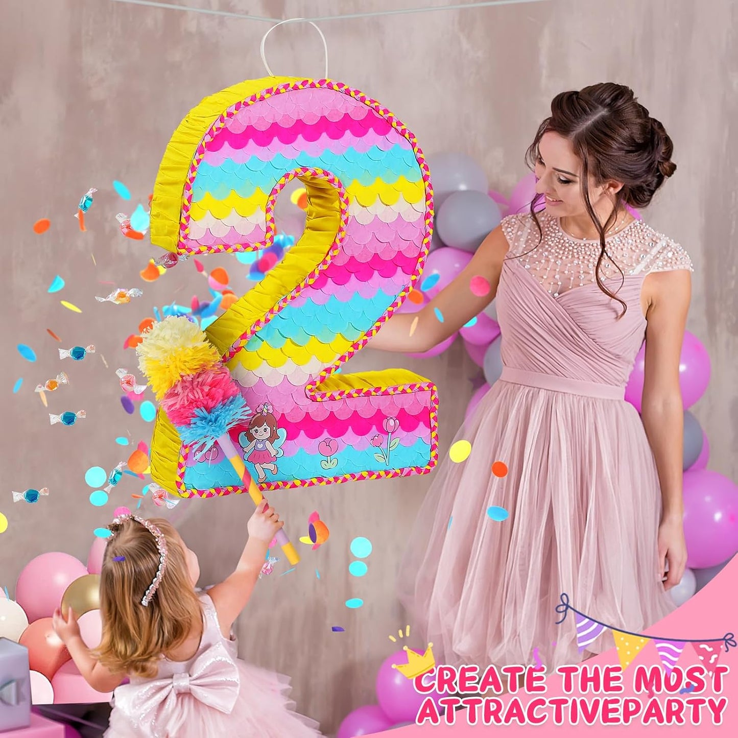 Number 2 Pinata for Birthday Party Decorations, Unicorn Mermaid Theme Pink Piñata Games Toy (2th)