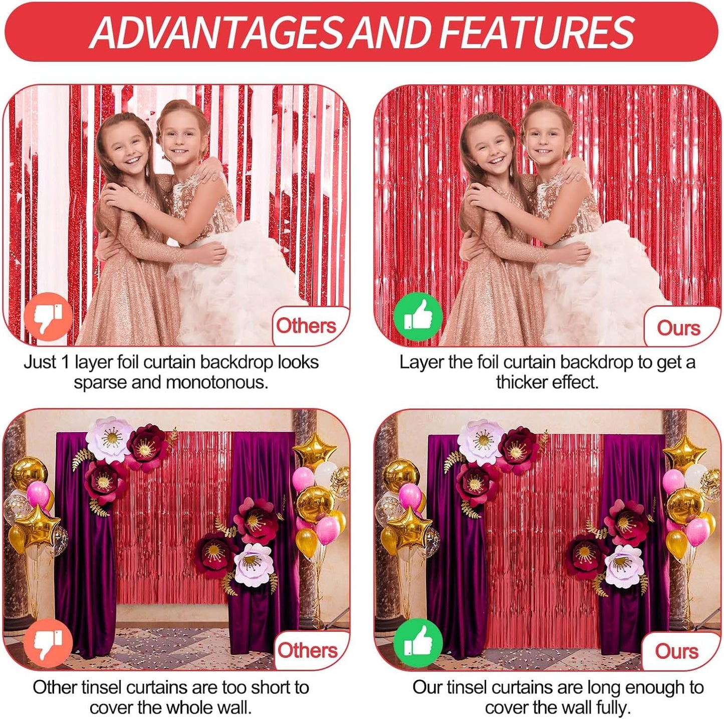 Crosize 4 Pack 3.3 x 9.9 ft Red Foil Fringe Curtains Party Decorations, Red Tinsel Curtain Backdrop for Parties, Door Streamers, Glitter Streamer Fringe Backdrop for Birthday Decoration