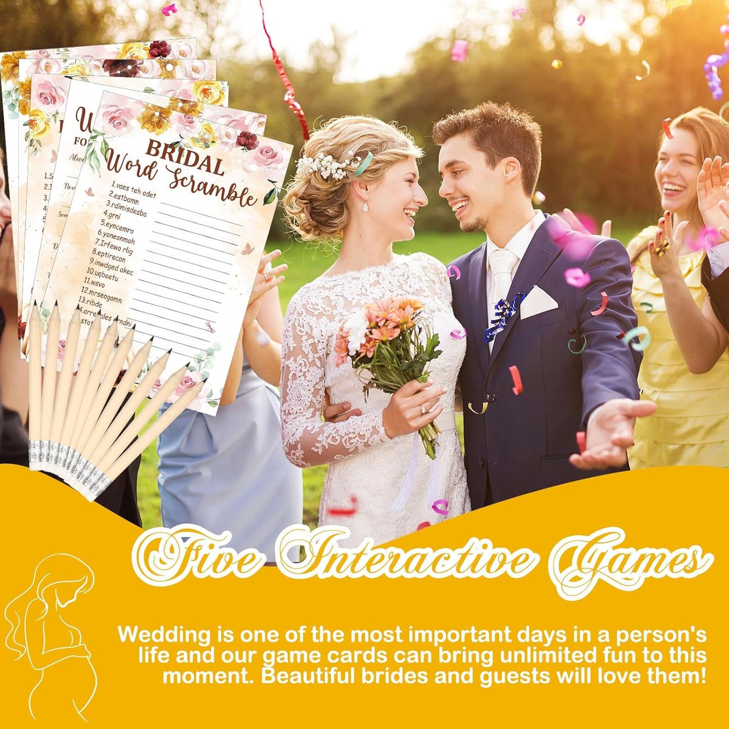 Teling 145 Pieces Bridal Shower Game Bridal Shower Favors Set Wedding Games Cards and Pencils for Bride Groom Bachelorette Party Wedding Party Favor(Fall in Love)