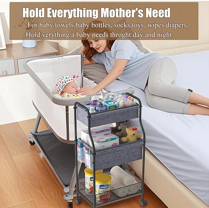 3-Tier Baby Diaper Caddy Organizer and Storage Cart, Mobile Metal Utility Cart - Image 9