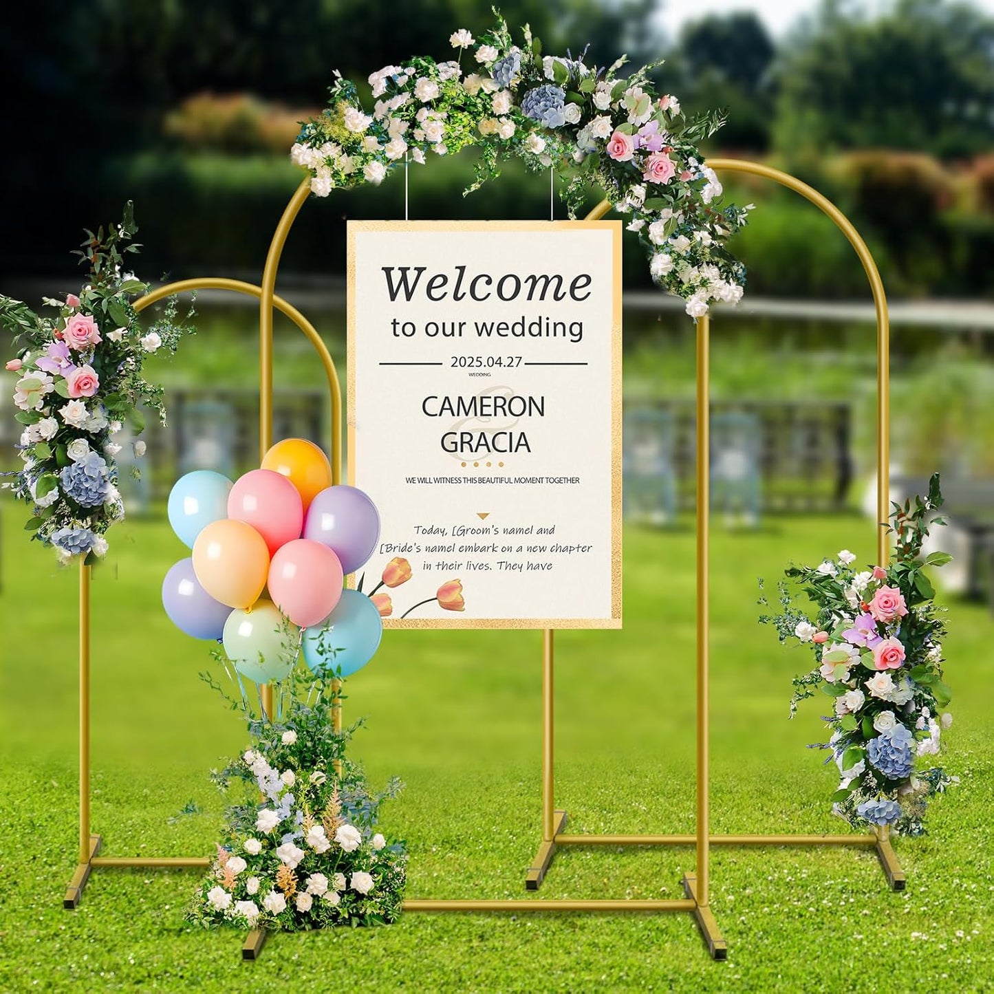 Metal Arch Backdrop Stand, Set of 3 (4/5/6 ft) Wedding Arched Frame with 12 Ground Nails, Stable Arched Background Stand for Wedding, Baby Shower, Birthday Party, Photography, Gold