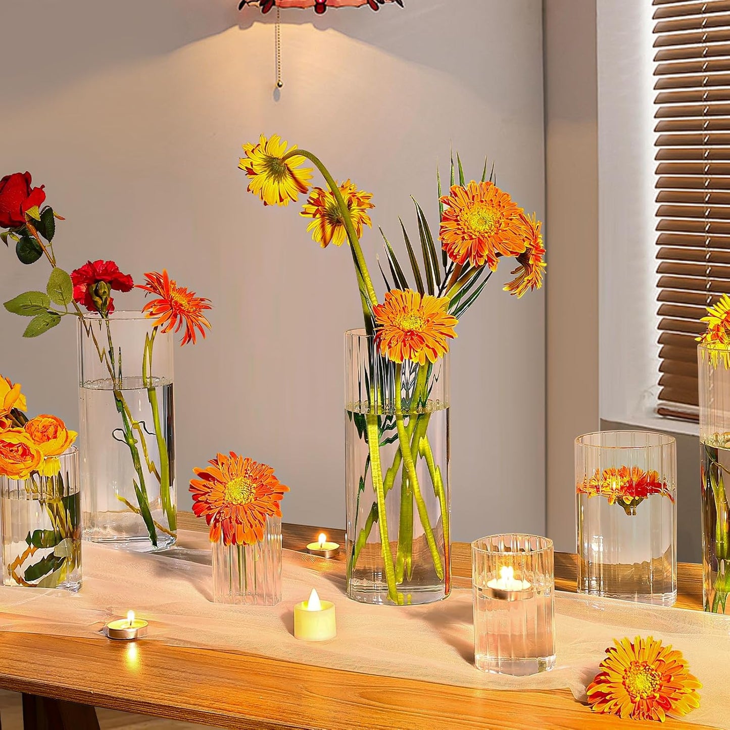 3 Pack Ribbed Glass Cylinder Vases 4,6,10 Inch Tall Clear Flower Vase Hurricane Floating Candle Holder for Table Centerpiece Wedding Home Decor