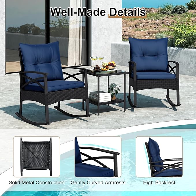 Tangkula 3 Pieces Outdoor Rocking Chairs Set, Rattan Heavy Duty Cushioned - Image 9