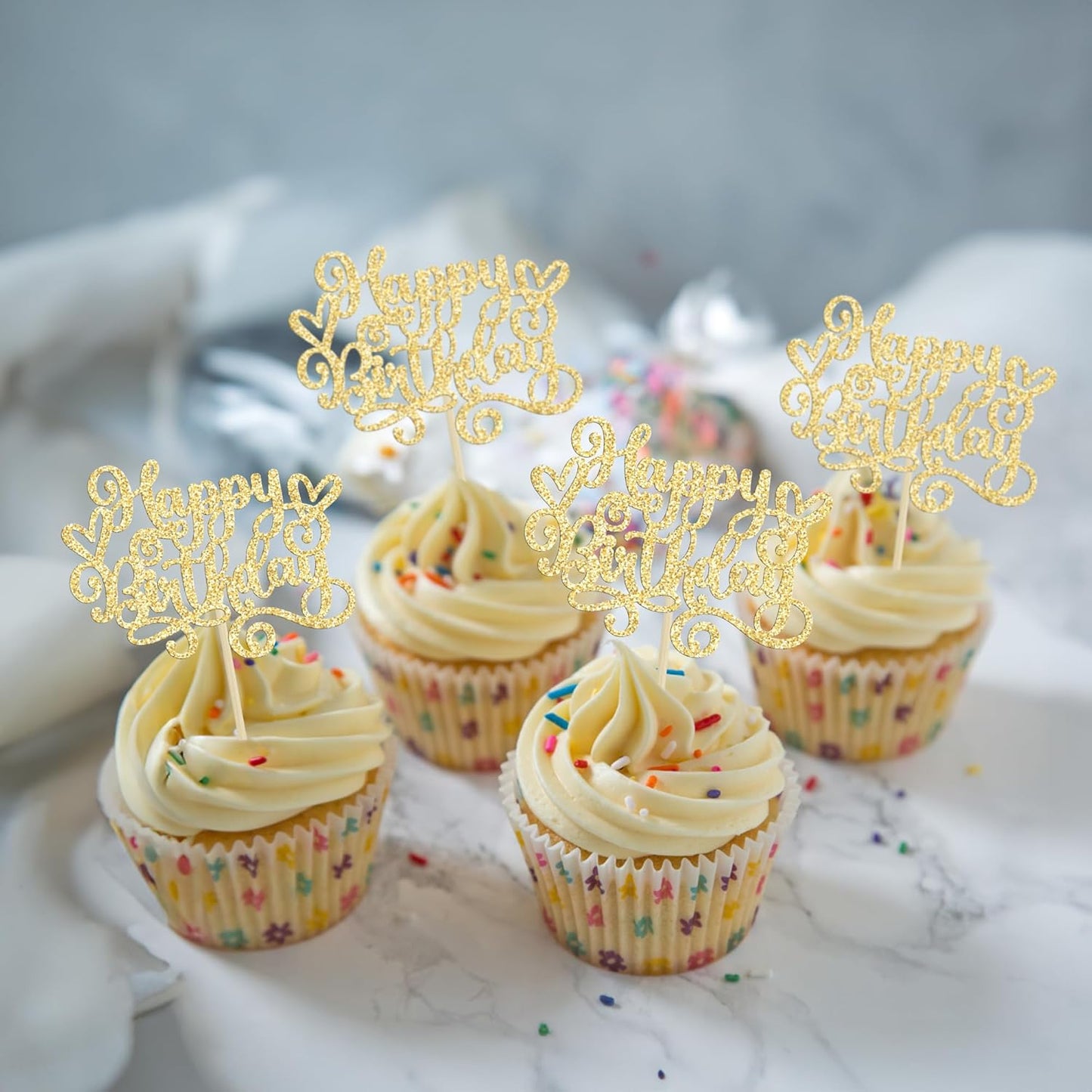 Gyufise 24Pcs Happy Birthday Cupcake Toppers Glitter Happy Birthday Cupcake Picks for Celebrating Happy Birthday Anniversary Theme Party Cake Decorations Supplies Gold