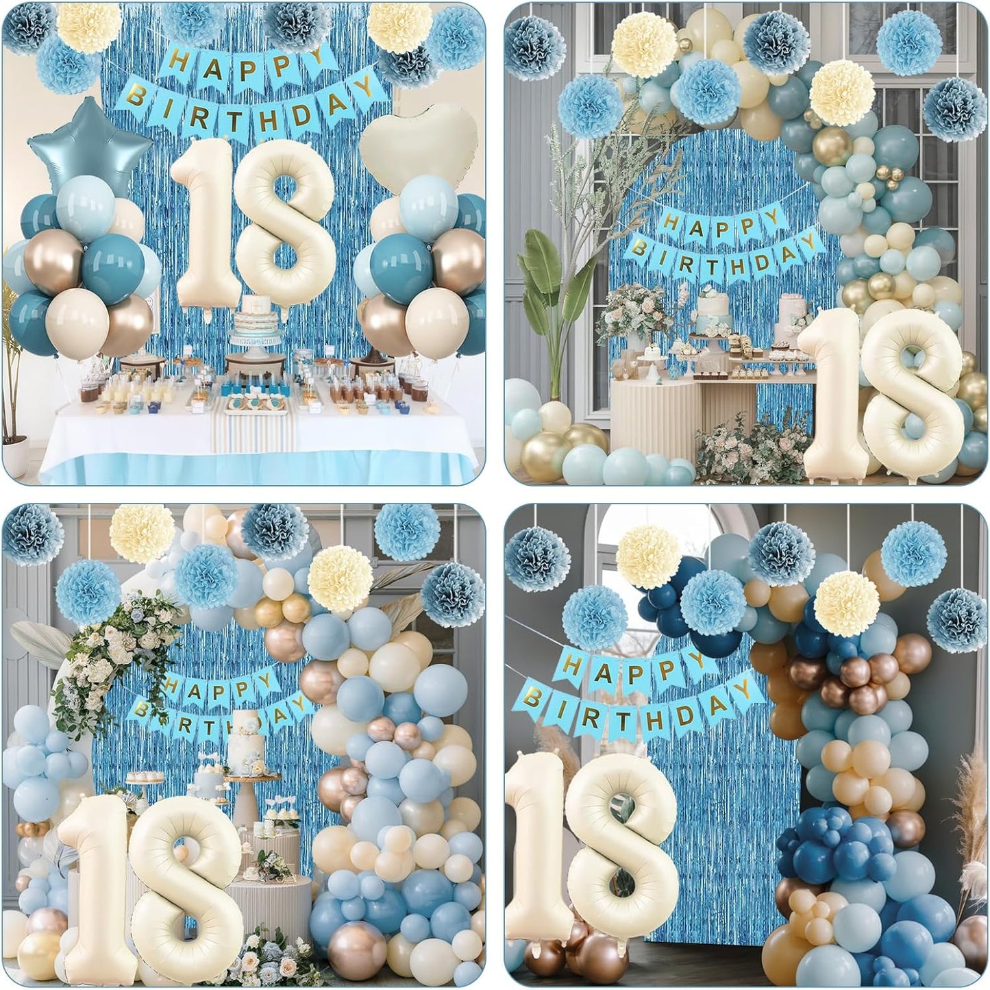 Dusty Blue 18th Birthday Party Decorations Boys Girls Beige Cream Number 18 Balloon with Blue Gold Happy Birthday Banner Fringe Curtain Paper Pom Poms Nude White Sand Champagne Star Foil Balloons
