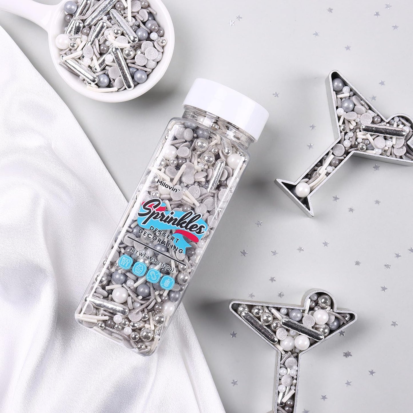 Silver Sprinkles for Cake Decorating, Silver Rob Sprinkles, Silver Pearl Sprinkles, Jimmy Sprinkles, Perfect for Cupcakes, Macaron, Cookies, Waffles, and Ice Cream Topping(120g/4.23oz)