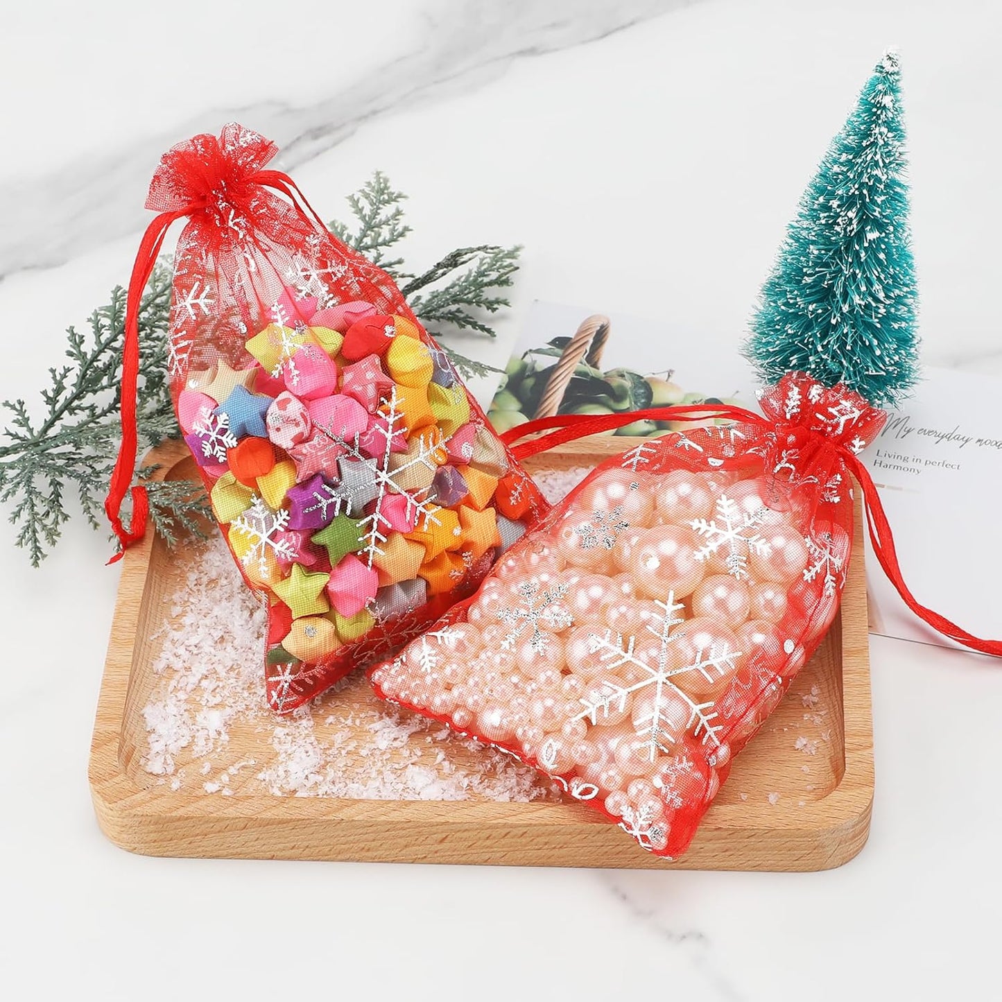 jijAcraft 4x6 Inch Christmas Organza Bags - 50Pcs Red Snowflake Gift Bags with Drawstring, Xmas Party Favor Sheer Mesh Pouches for Winter Gift, Candy, Jewelry Bag