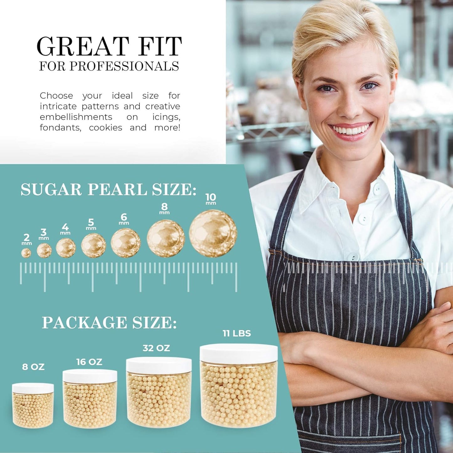 O'Creme Ivory Edible Sugar Pearls Cake Decorating Supplies for Bakers: Cookie, Cupcake & Icing Toppings, Beads Sprinkles For Baking, Certified, Candy Sugar Ball Accents (10mm, 32 Oz)