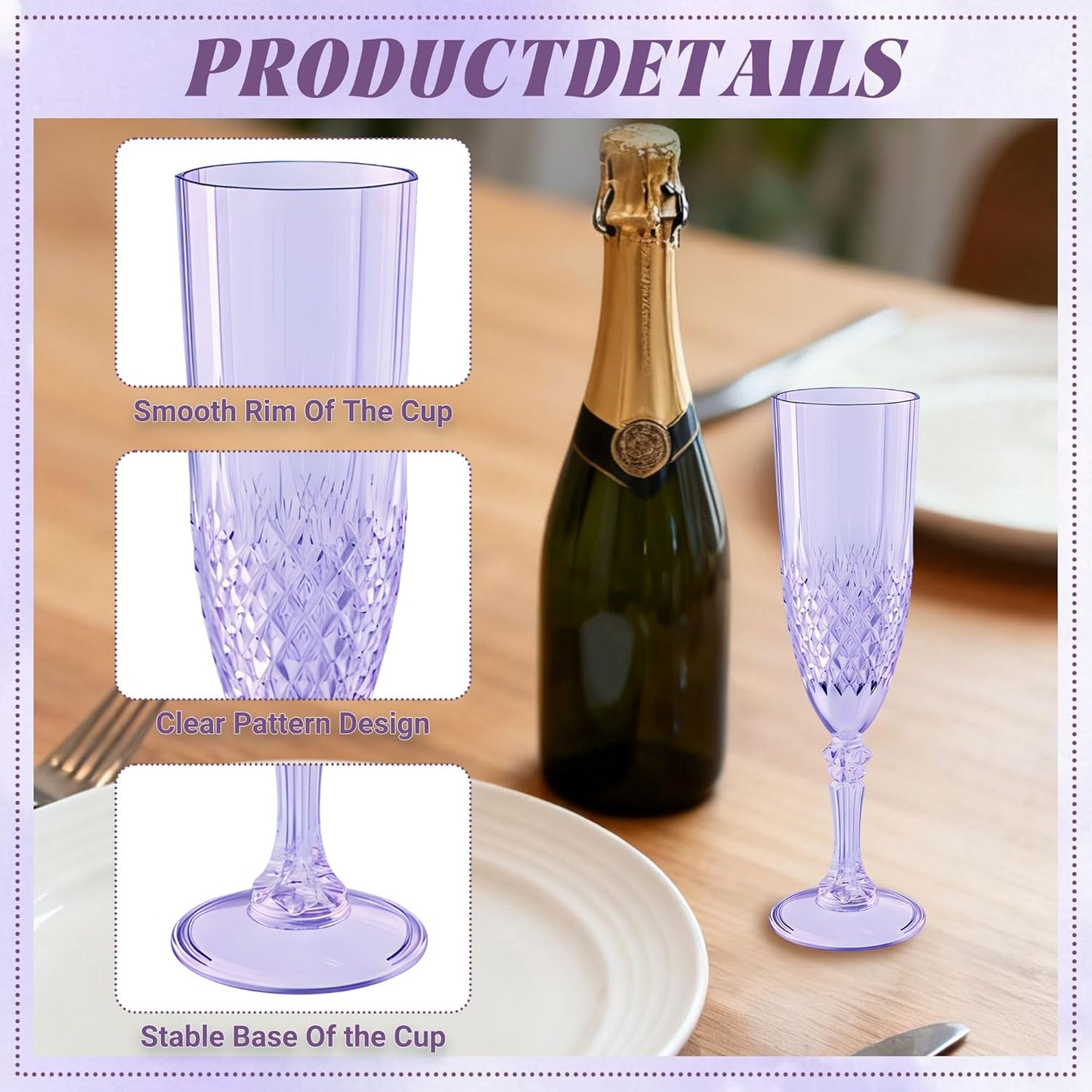 Plastic Champagne Flutes, 48PCS Purple Wine Glasses Goblets Cups Reusable Flute, for Weddings Bachelor Parties Toasting and Events(48, Purple)