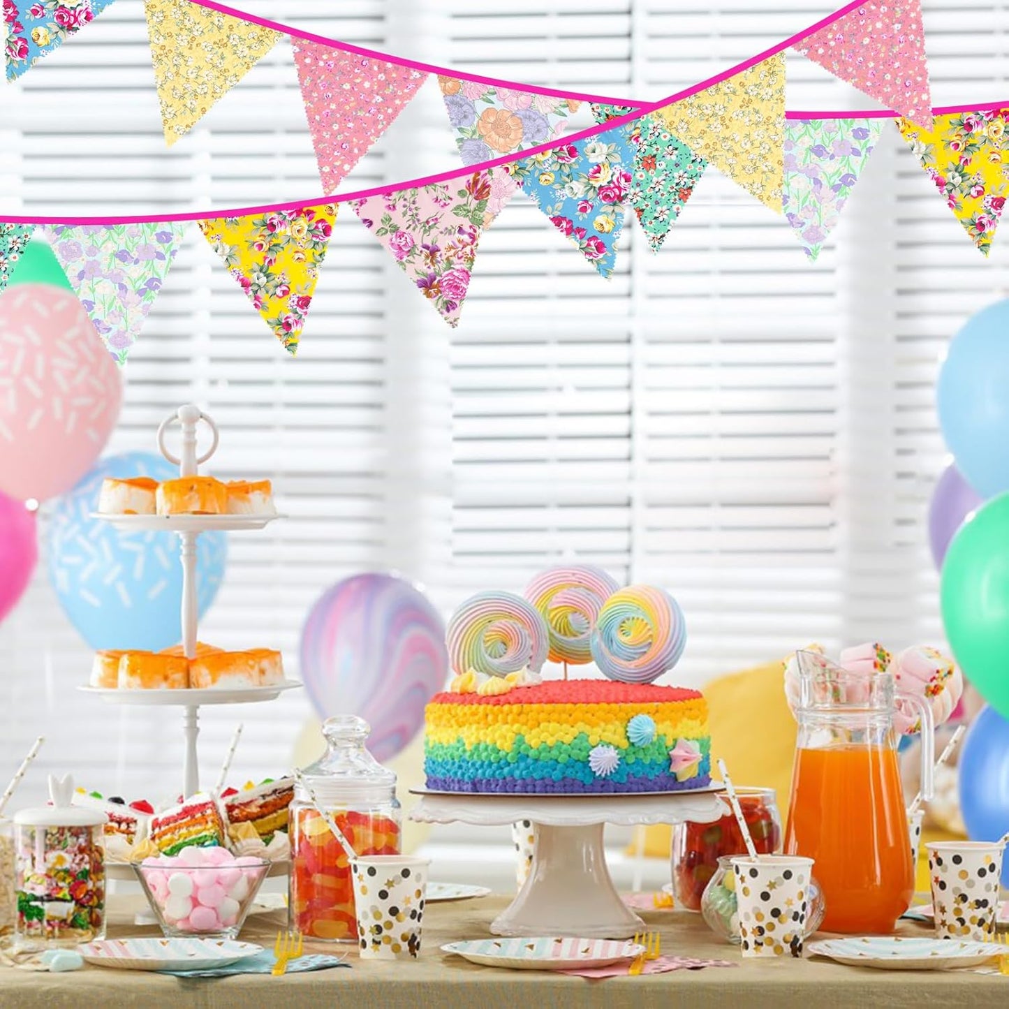 jijAcraft 39Ft Triangle Bunting Banner, 42Pcs Tea Floral Party Bunting Cotton Fabric Flags Pennant Garlands for Birthday Party, Wedding, Baby Shower, Outdoor and Home Decorations (Floral)