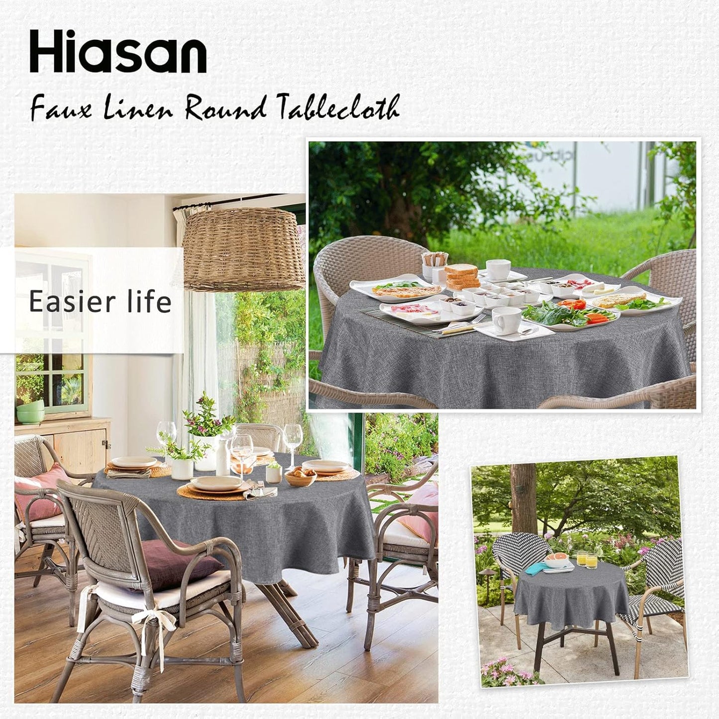 Hiasan Round Linen Tablecloth 40 Inch - Wrinkle and Stain Resistant Washable Polyester Fabric Table Cloth for Dining Room Kitchen Party, Grey