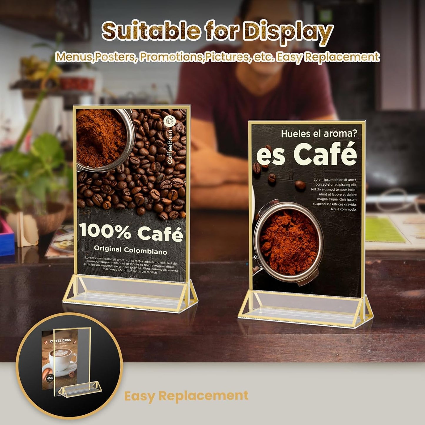 Acrylic Gold Sign Holders 4x6, 2 Pack Wedding Gold Table Number Holders, Double Sided Photo Display Picture Frame Paper Stand, Clear Flyer Stand Menu Holder for Wedding, Home, Party, Restaurant