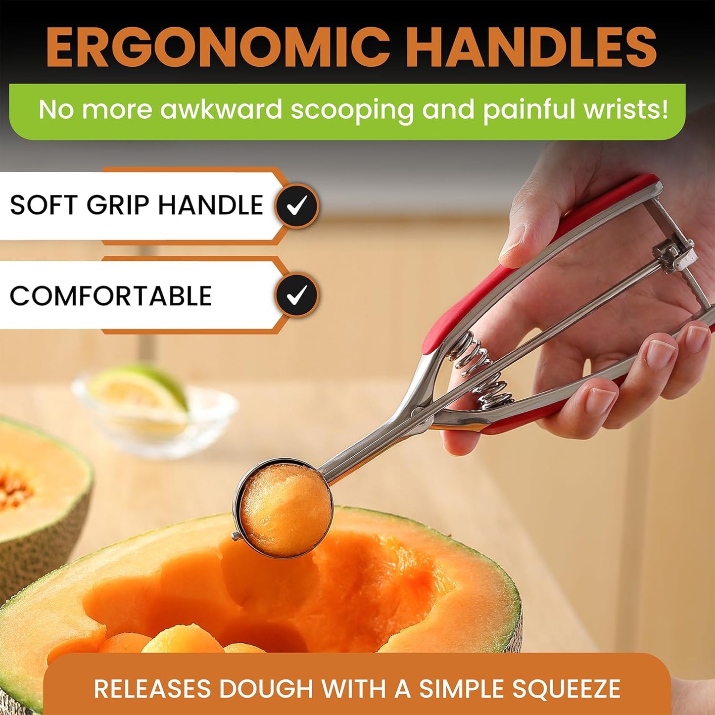 Spring Chef Red Small 1 Tbsp Stainless Steel Cookie Scoop for Baking - Multifunctional Melon Baller - #60 Cookie Dough Scoop with Trigger Release for Ice Cream, Protein Ball - Fruit Scooper and Baller