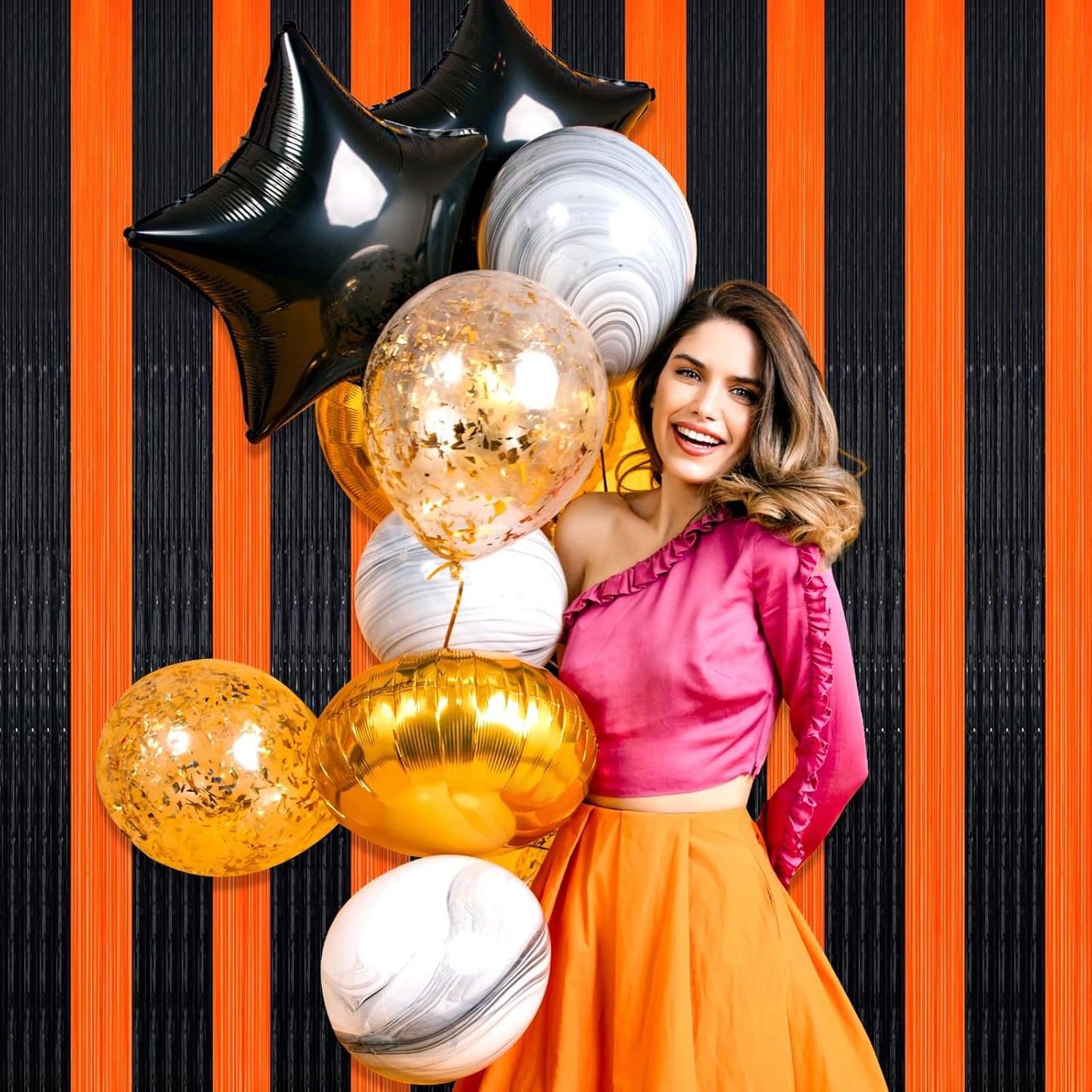 3 Pack Black Orange Foil Fringe Curtain Backdrop, 3.28Ft x 8.2Ft Metallic Tinsel Foil Fringe Streamer Curtains for Photo Booth, Mother's Day, Easter, Birthday, Wedding Party Decorations