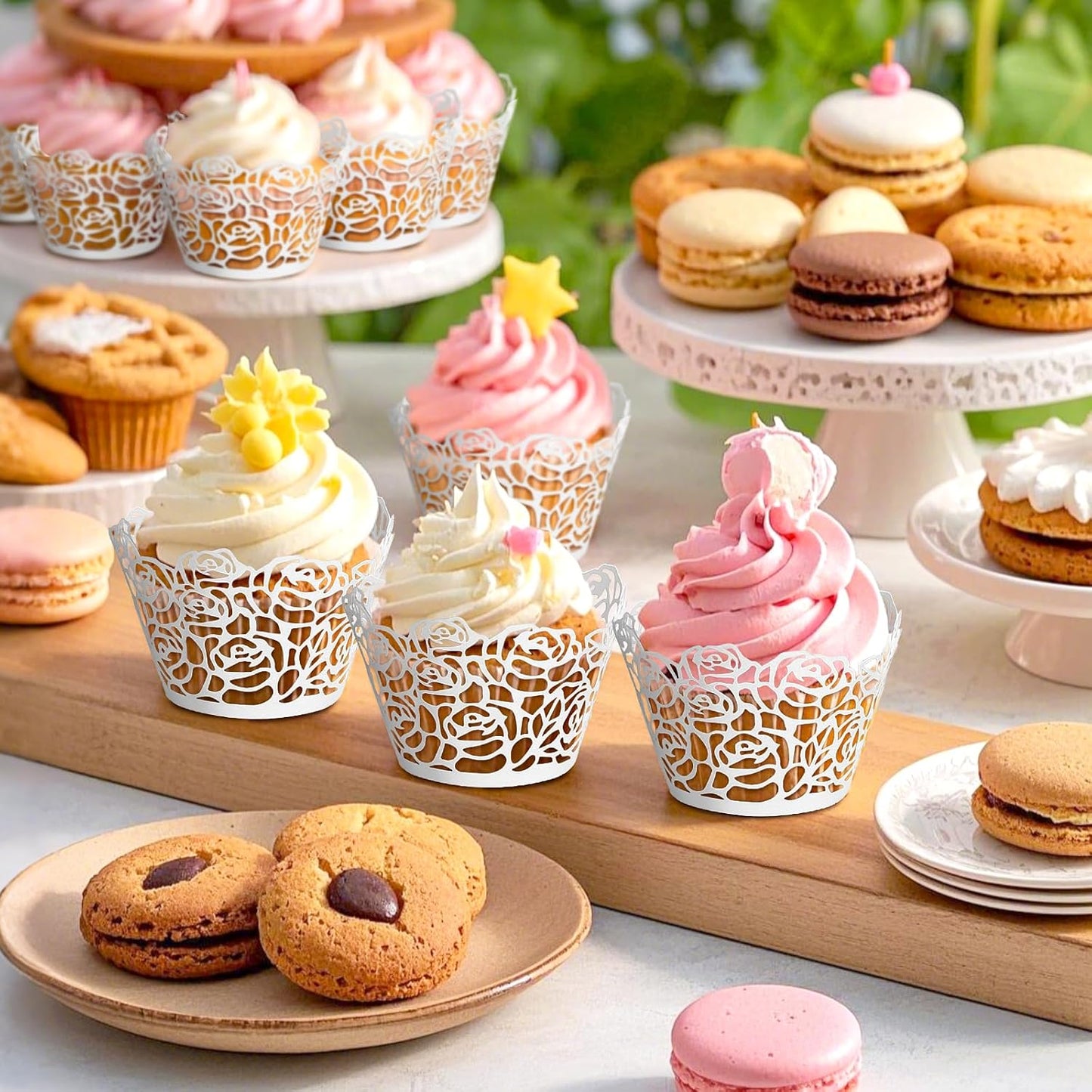 GWHOLE White Cupcake Wrappers, 50pcs Cupcake Liners with Rose Design Laser Cut Liners for Wedding Birthday Baby Shower Party Decorations Fancy Small Cupcake Decorations for Regular Cupcak