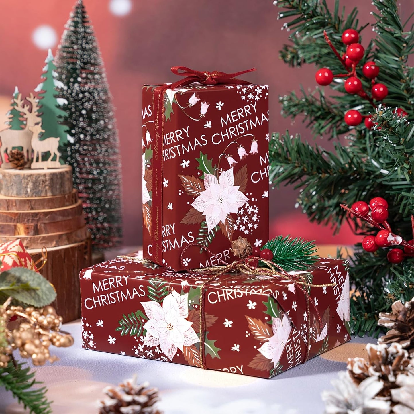 LeZakaa Christmas Wrapping Paper Roll - Red Flower & Merry Christmas Letter Pattern for Holiday, Party - 17 inches x 32.8 Feet (46.45 sq.ft.)