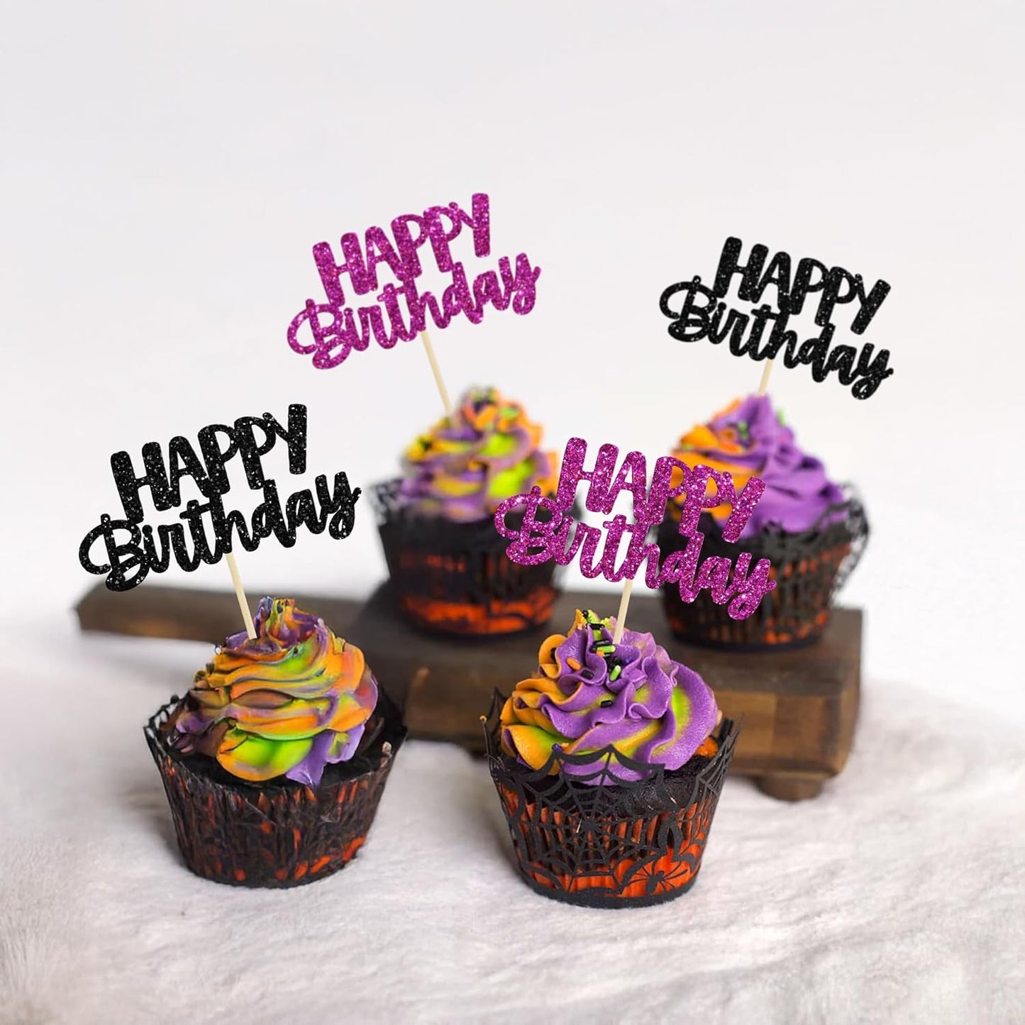 Gyufise 24Pcs Happy Birthday Cupcake Toppers Glitter Birthday Cake Topper Decorations for Celebrating Halloween Theme Party Decorations Supplies Black Purple