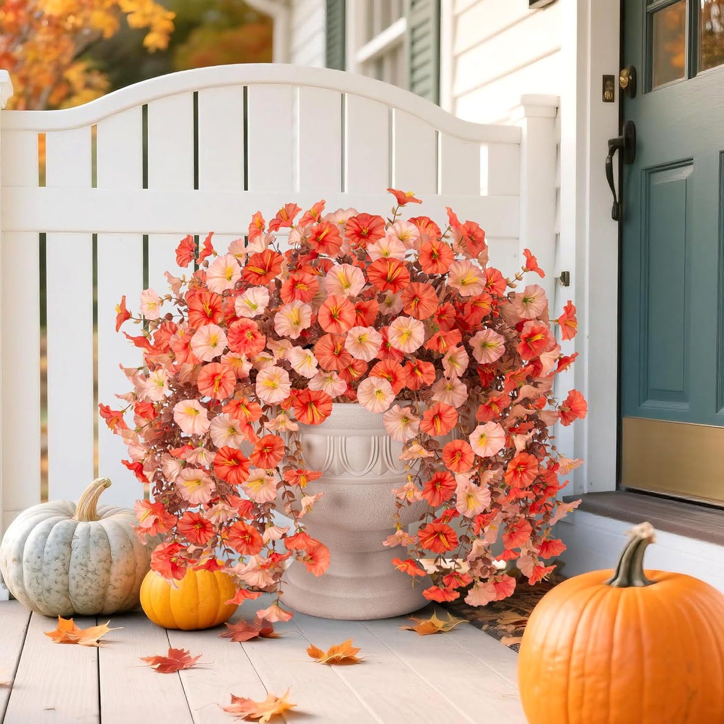 2 PCS Artificial Faux Fall Hanging Flowers Plants for Outdoor,Fake Silk Morning Glory with Eucalyptus UV Resistant Mums for Wall Home Porch Patio Balcony Yard Indoor Decor (Fall Orange+Light Orange)