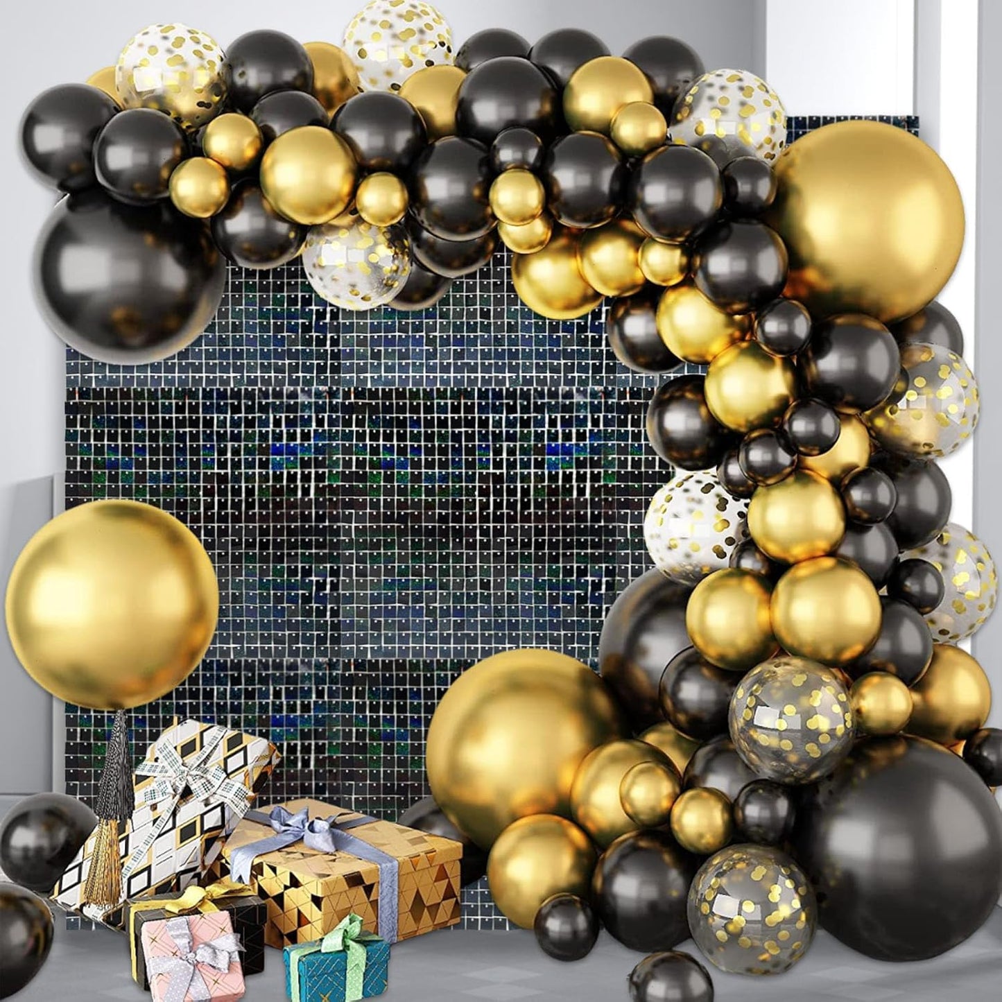 12PCS Black Shimmer Wall Backdrop, Laser Square Sequin Photo Backdrops Panel, Glitter Wall Background for Birthdays, Weddings, Christmas, Engagements, Disco Bachelorette Party Decoration (3FTx4FT)