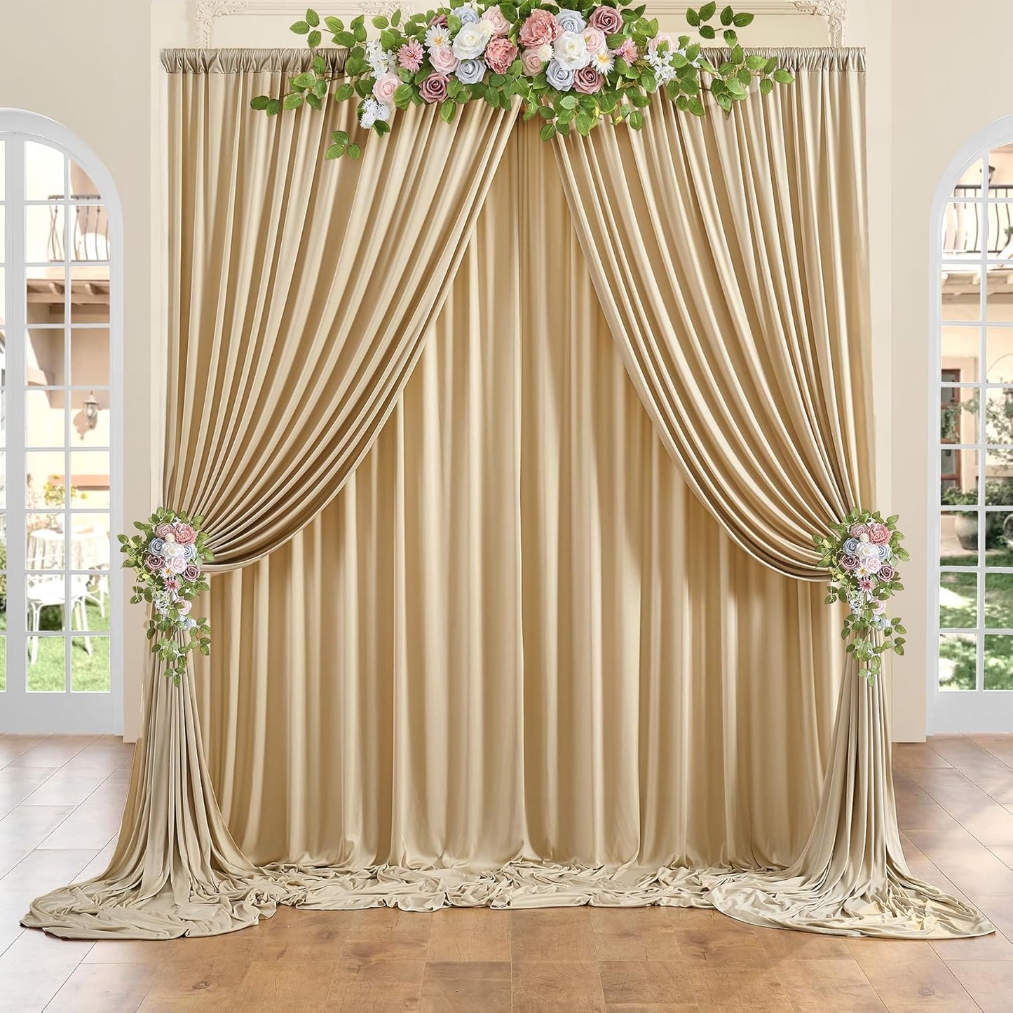 40x8 ft Thick Beige Backdrop Curtain for Wedding Parties, 8 Panels 5x8 ft Wrinkle Free Polyester Beige Photo Backdrop Drapes for Birthday Party Home Decoration Supplies