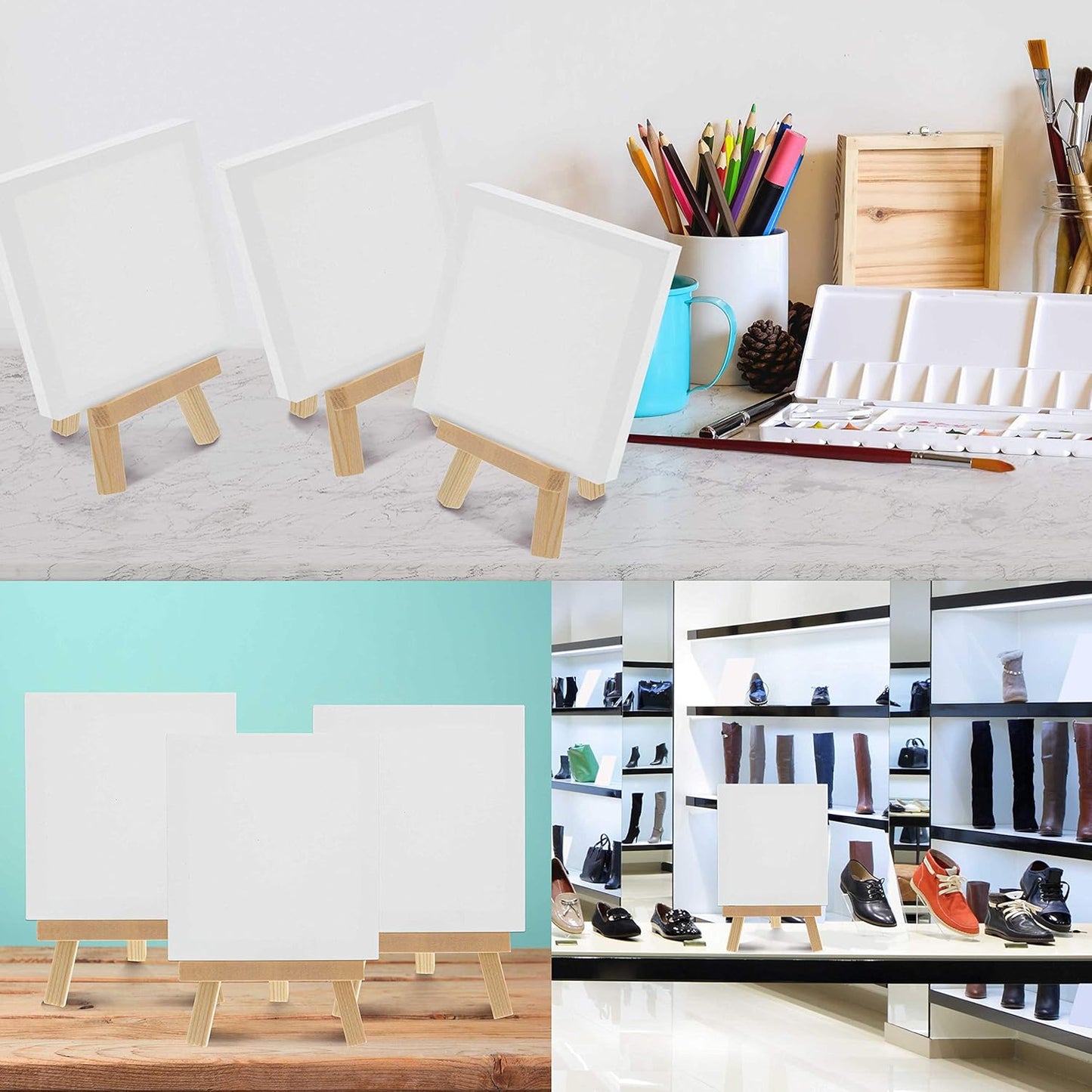 U.S. Art Supply 5" x 5" Stretched Canvas with 8" High Small Natural Wooden Easel (12 Pack), A-Frame Canvas Stand Tripod, Small Painting Easels - Tabletop Easel for Painting, Canvases, Student Crafts
