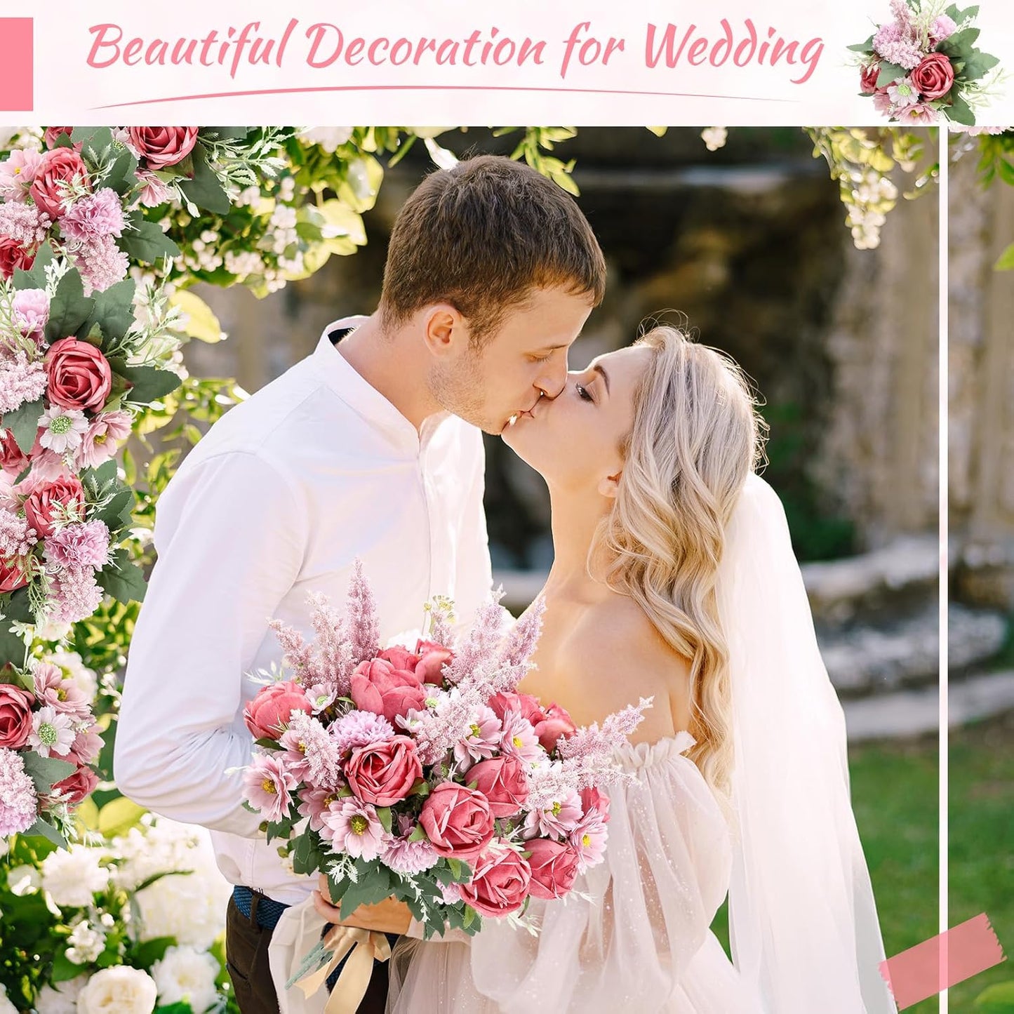 Zeyune 8 Pcs Wedding Silk Flowers Fake Silk Flowers Faux Bouquet Hydrangea Bouquets for Wedding Birthday Party Table Centerpieces Home Decoration (Bean Paste Pink,Rose)